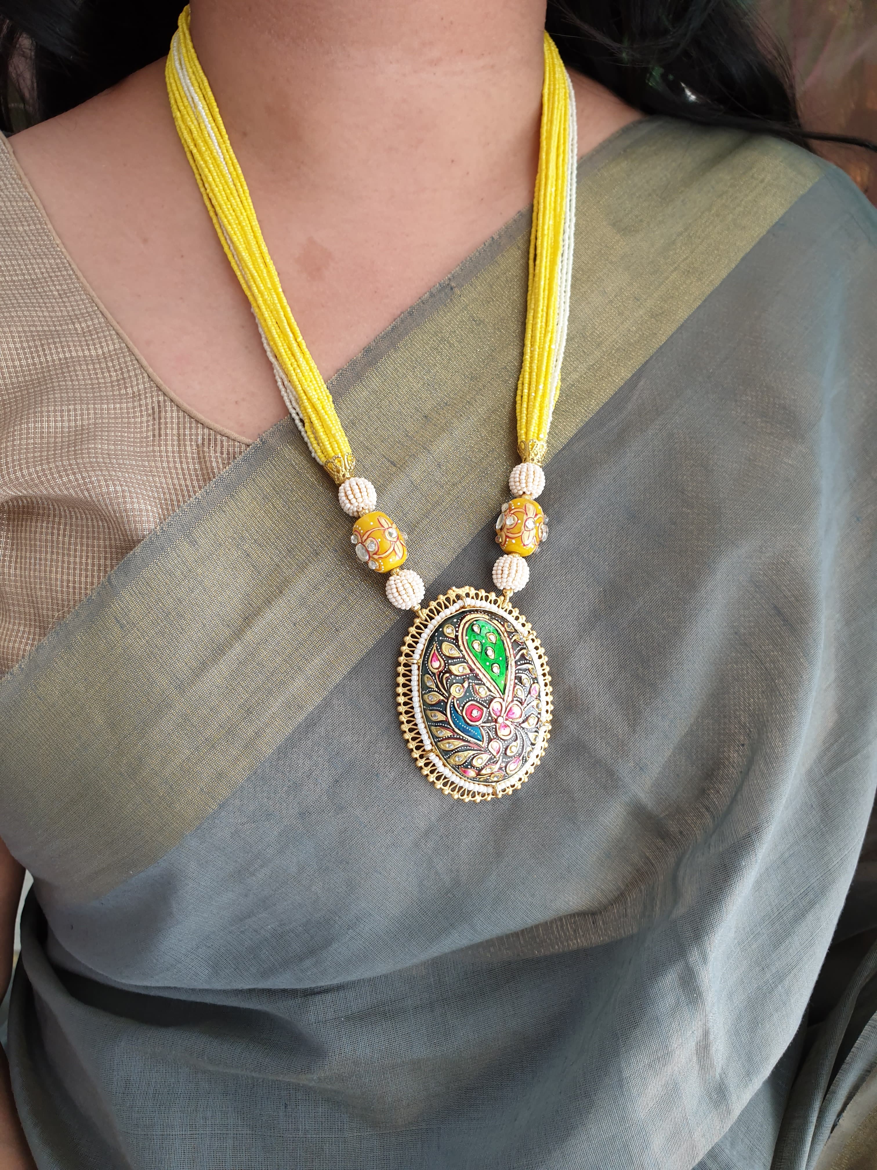 Yellow Seed Beaded Tanjore Work Pendant Set With Earrings