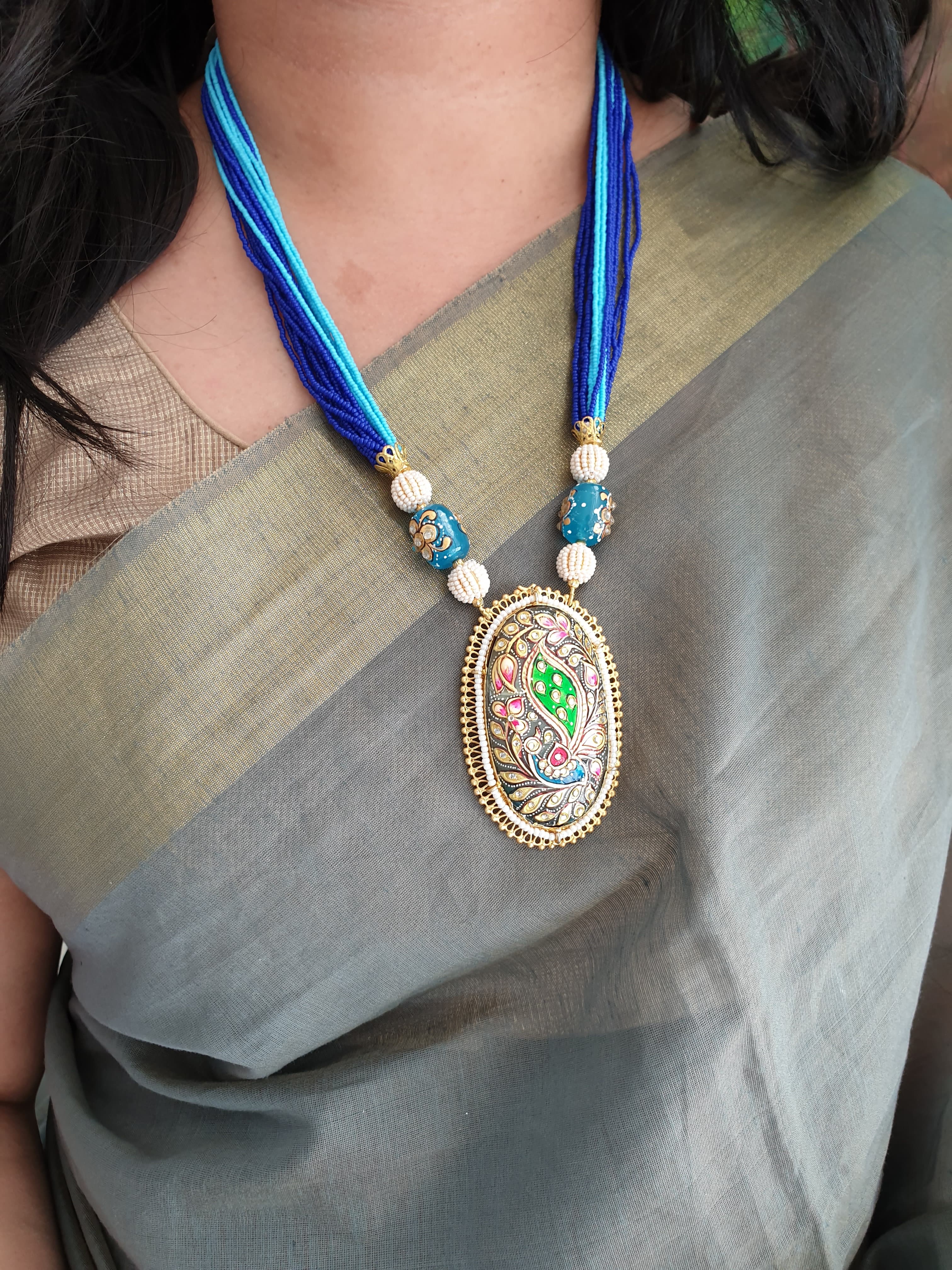 Blue Seed Beaded Tanjore Work Pendant Set With Earrings