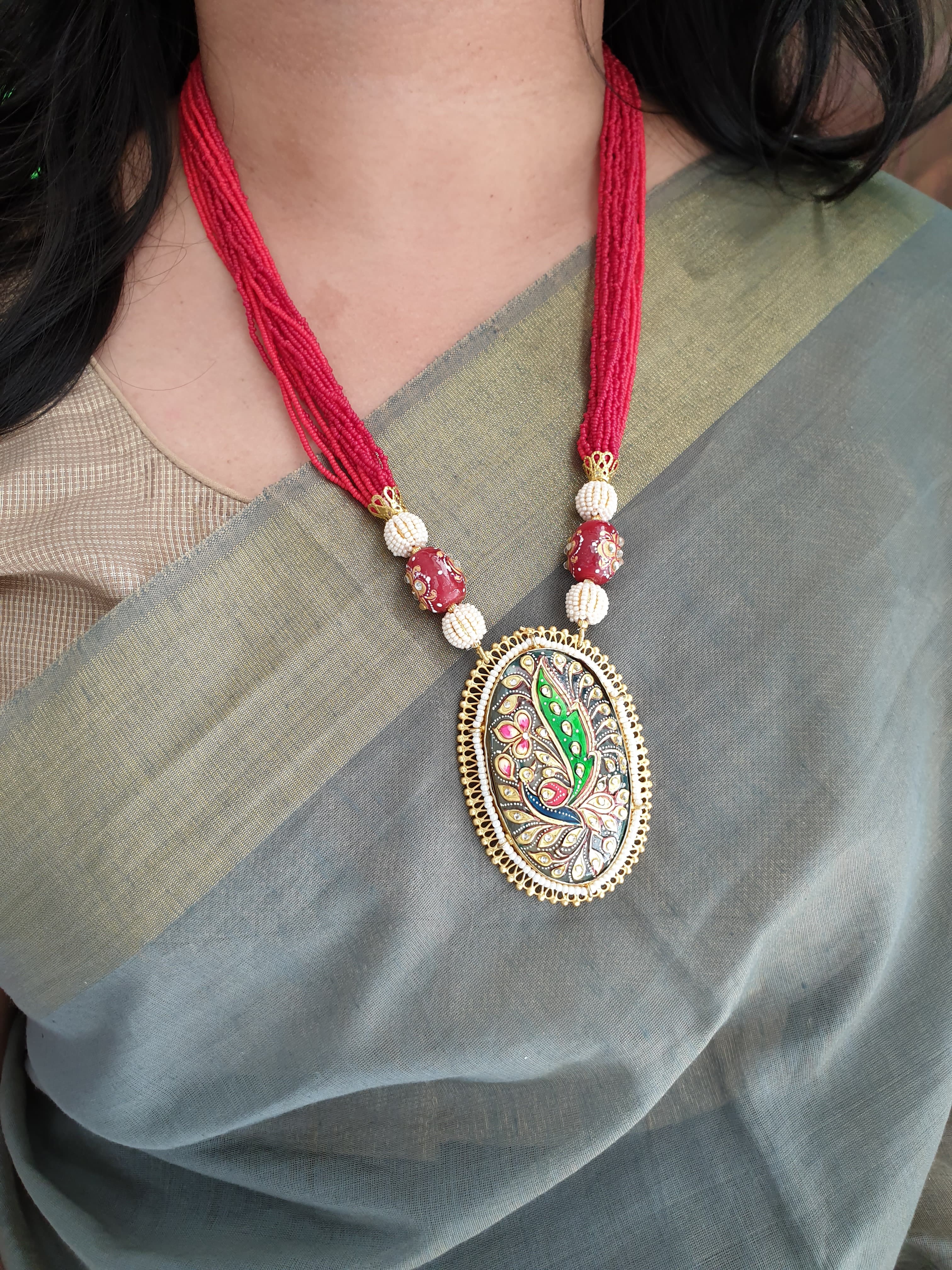 Red Seed Beaded Tanjore Work Pendant Set With Earrings