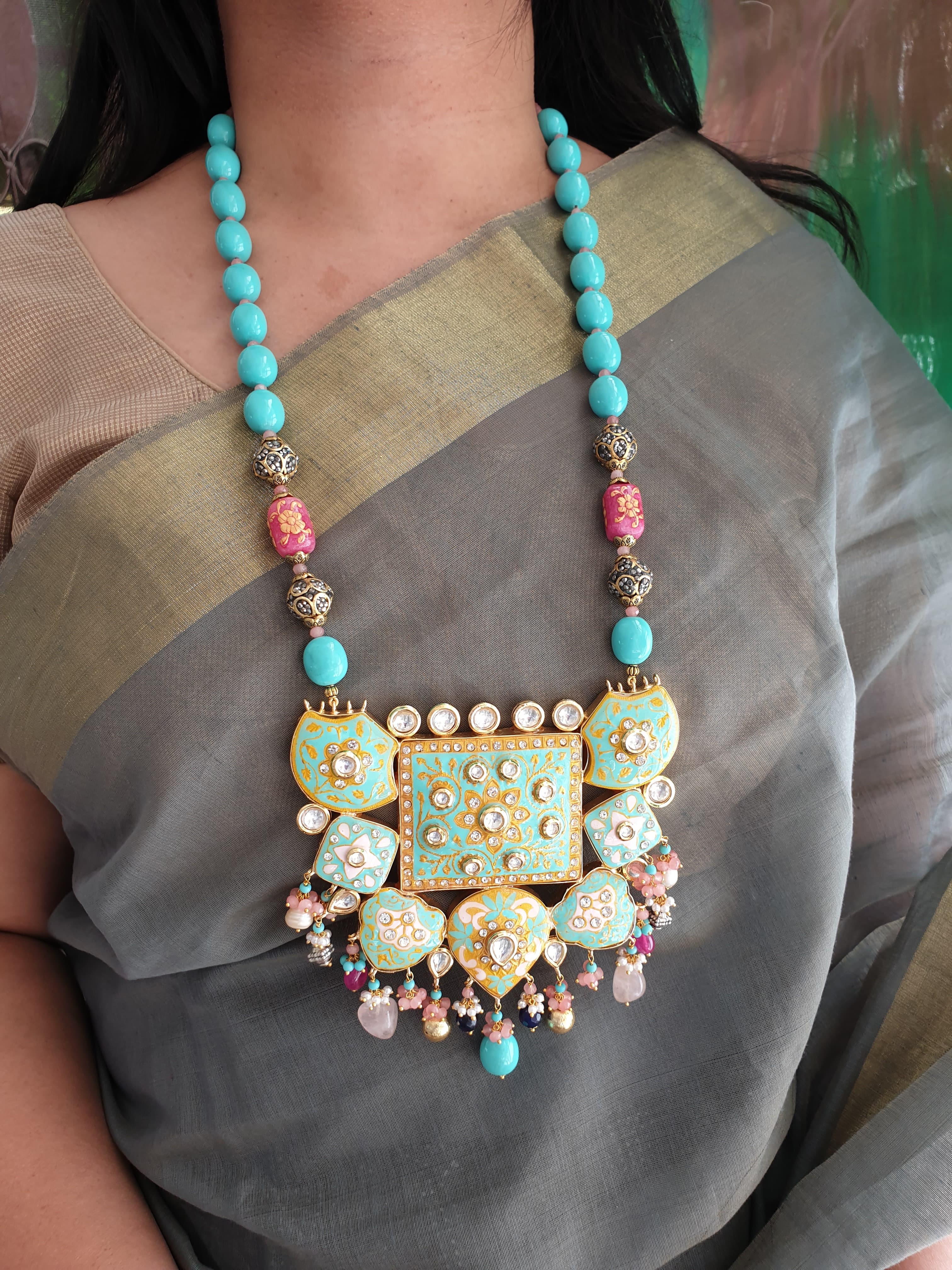 Turquoise Fusion Kundan Meenakari Pendant Set With Earrings