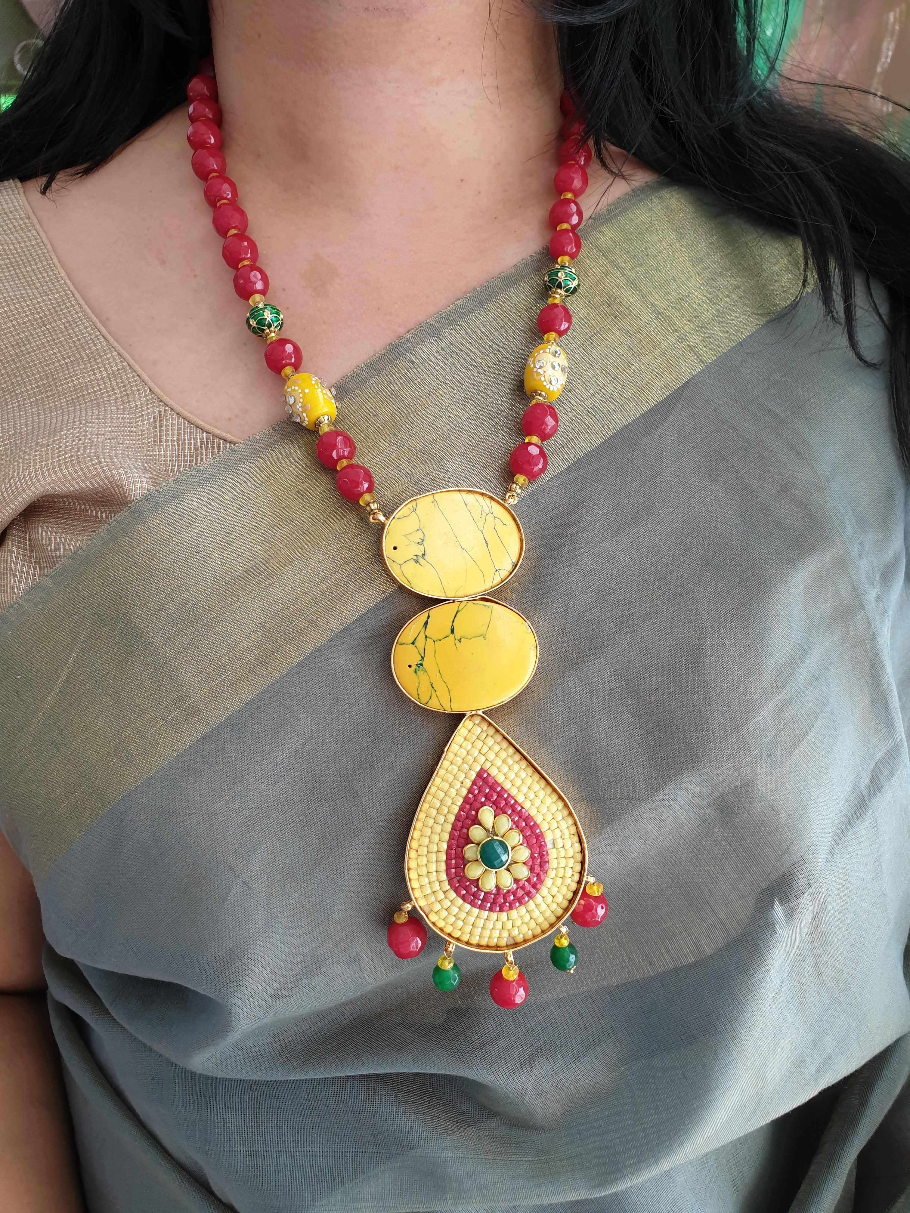 Yellow and Red Beaded Designer Pendant Set With Earrings