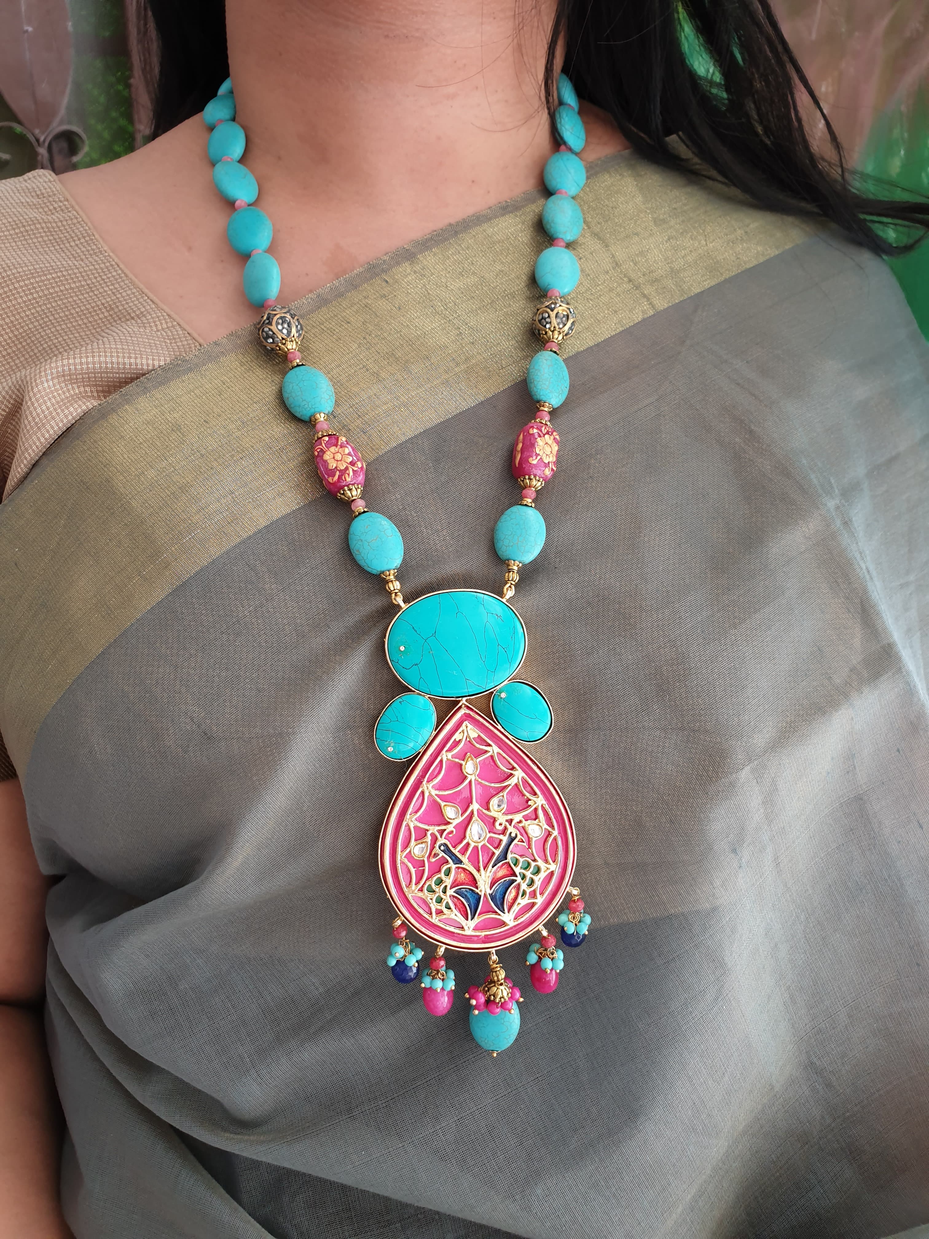 Turquoise Beads Stone & Meenakari Fusion Pendant With Earrings