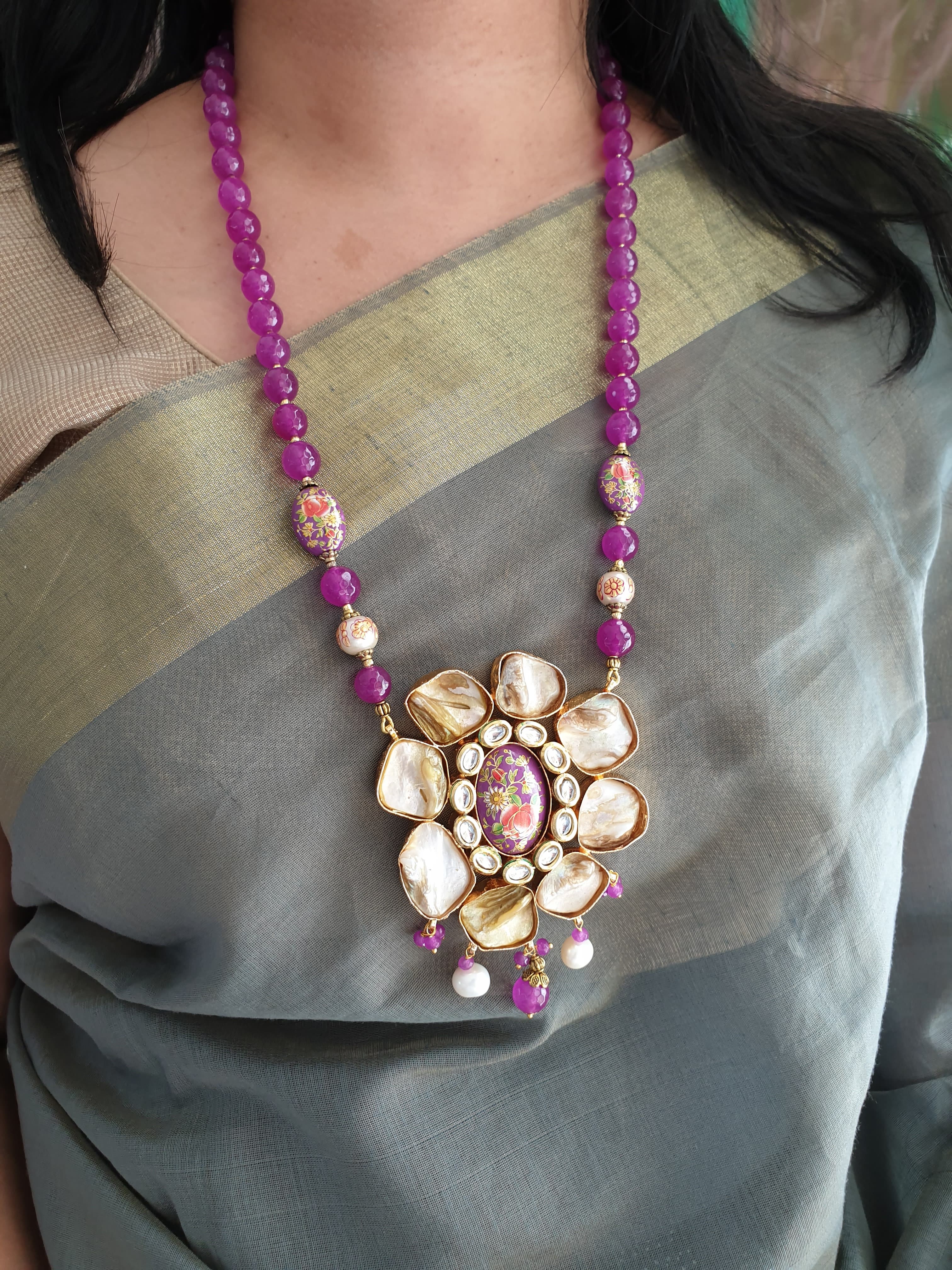 Purple Beaded Kundan Fusion Set With Earrings