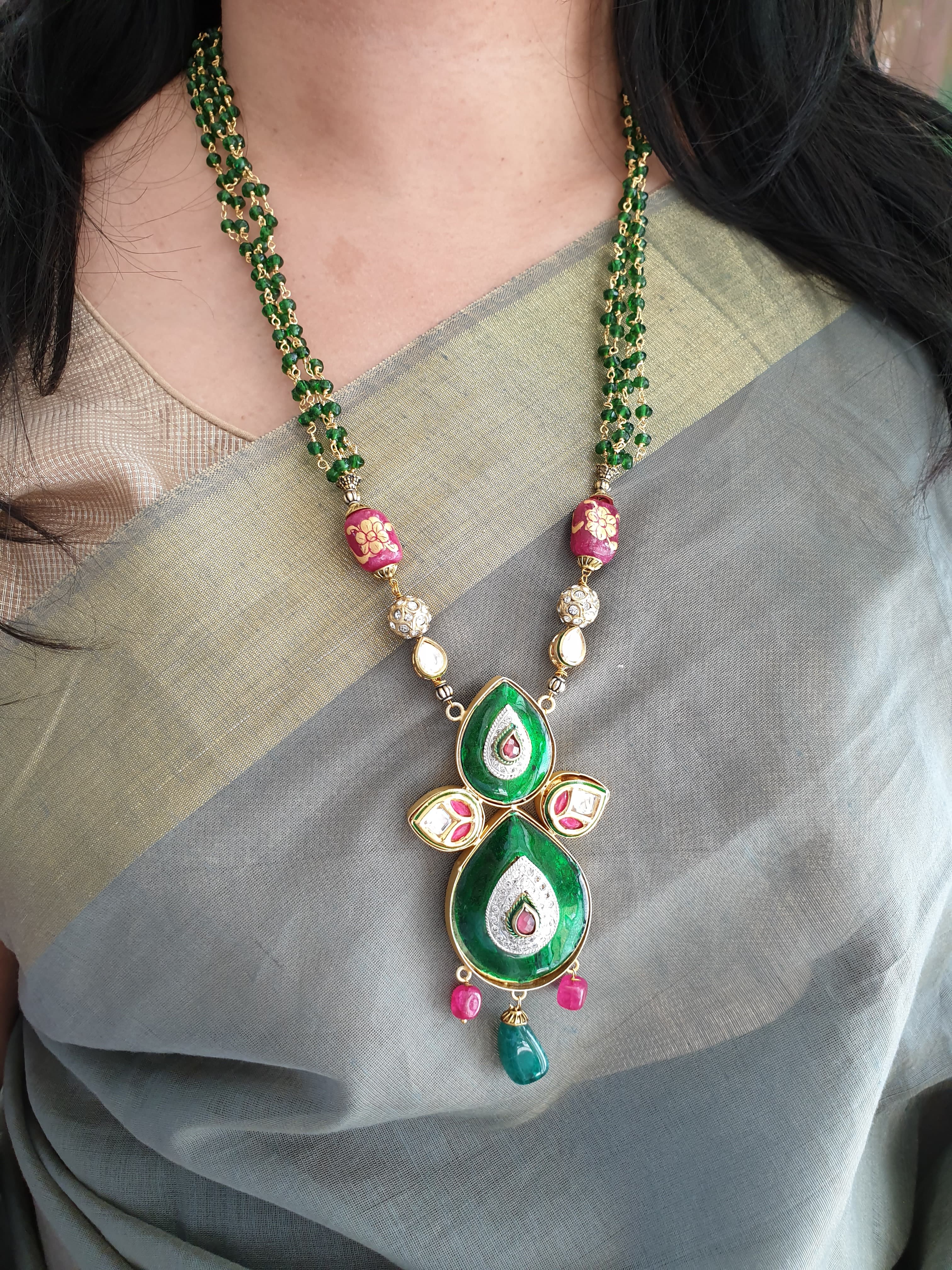 Green Meenakari Fusion Pendant Set