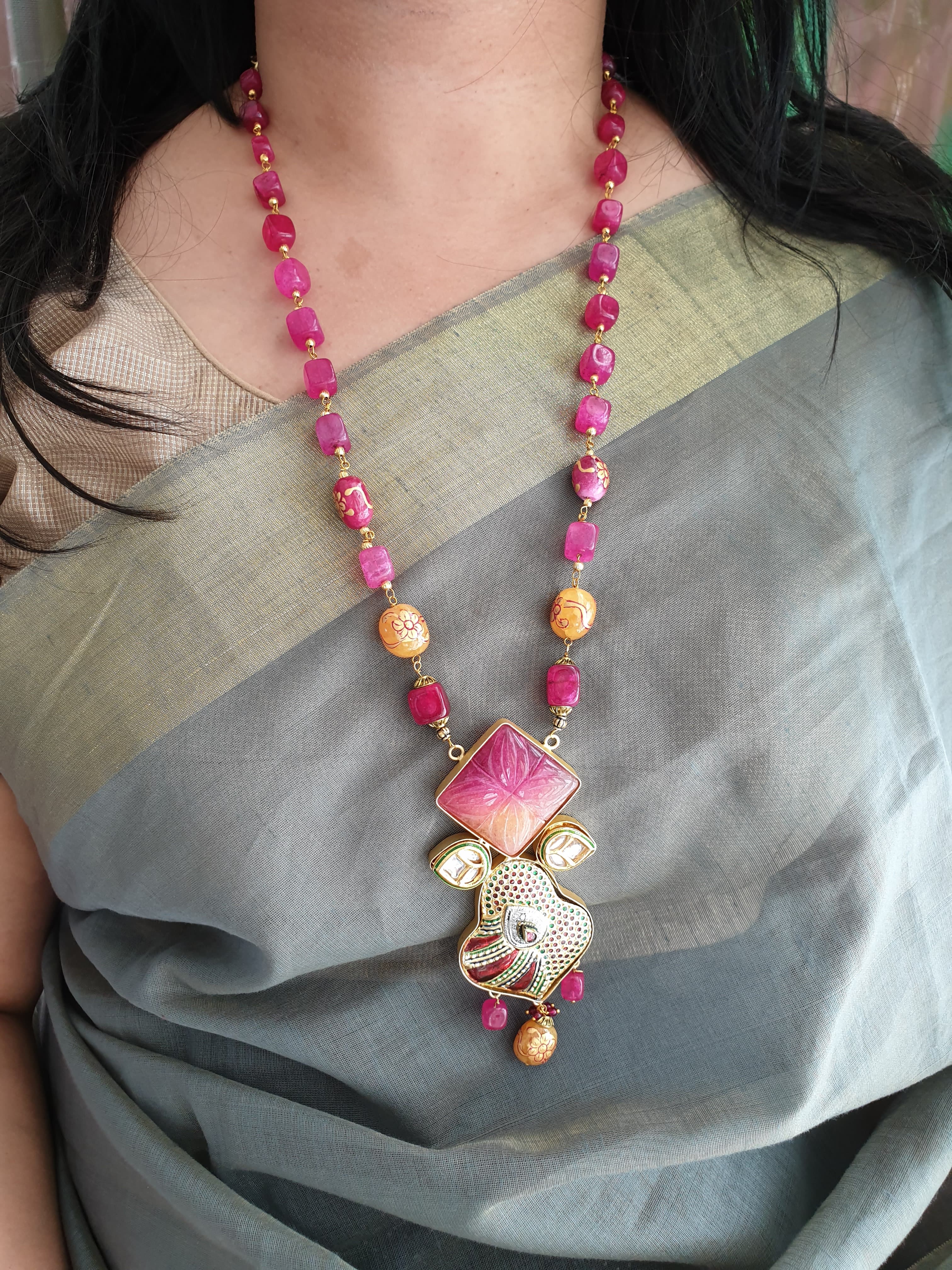 Gold Tone Pink Beaded Pendant Set