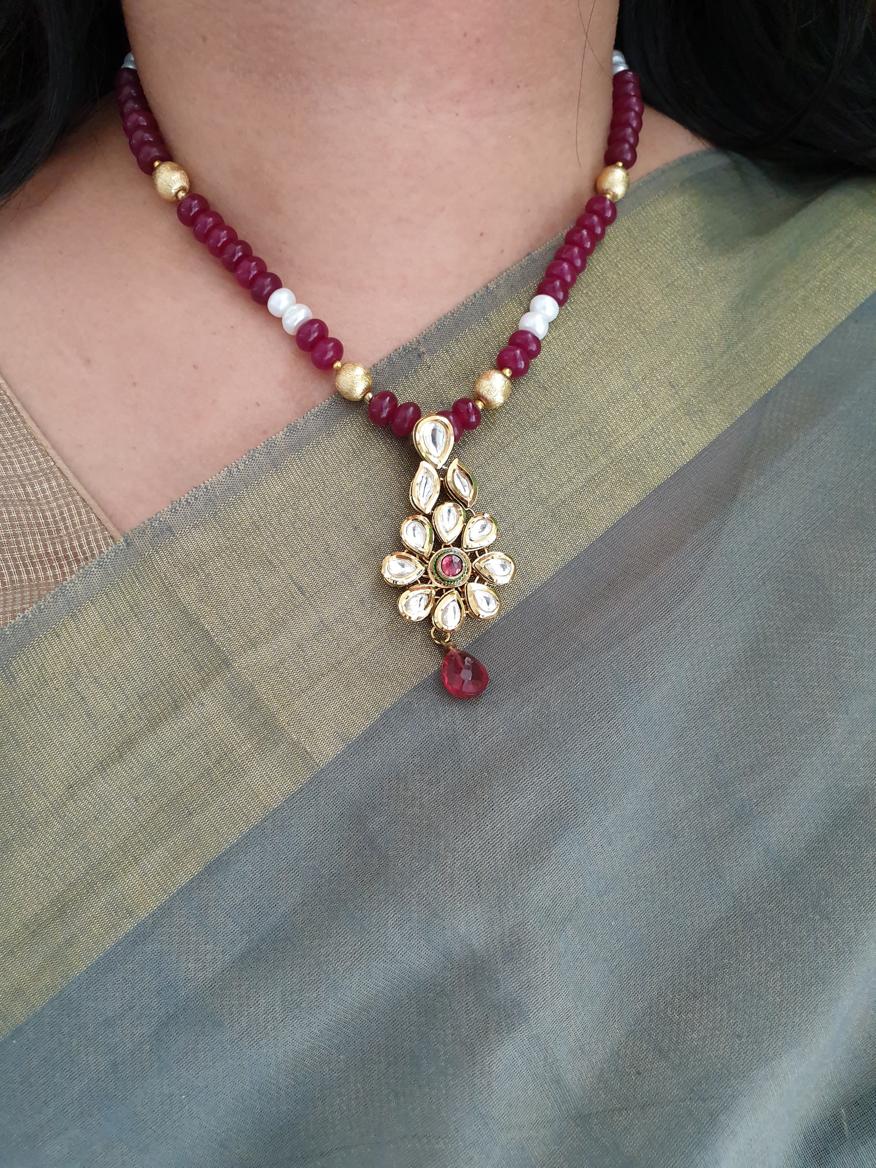 Floral Beautiful Ruby Stone Kundan Gold Pendant With Earrings