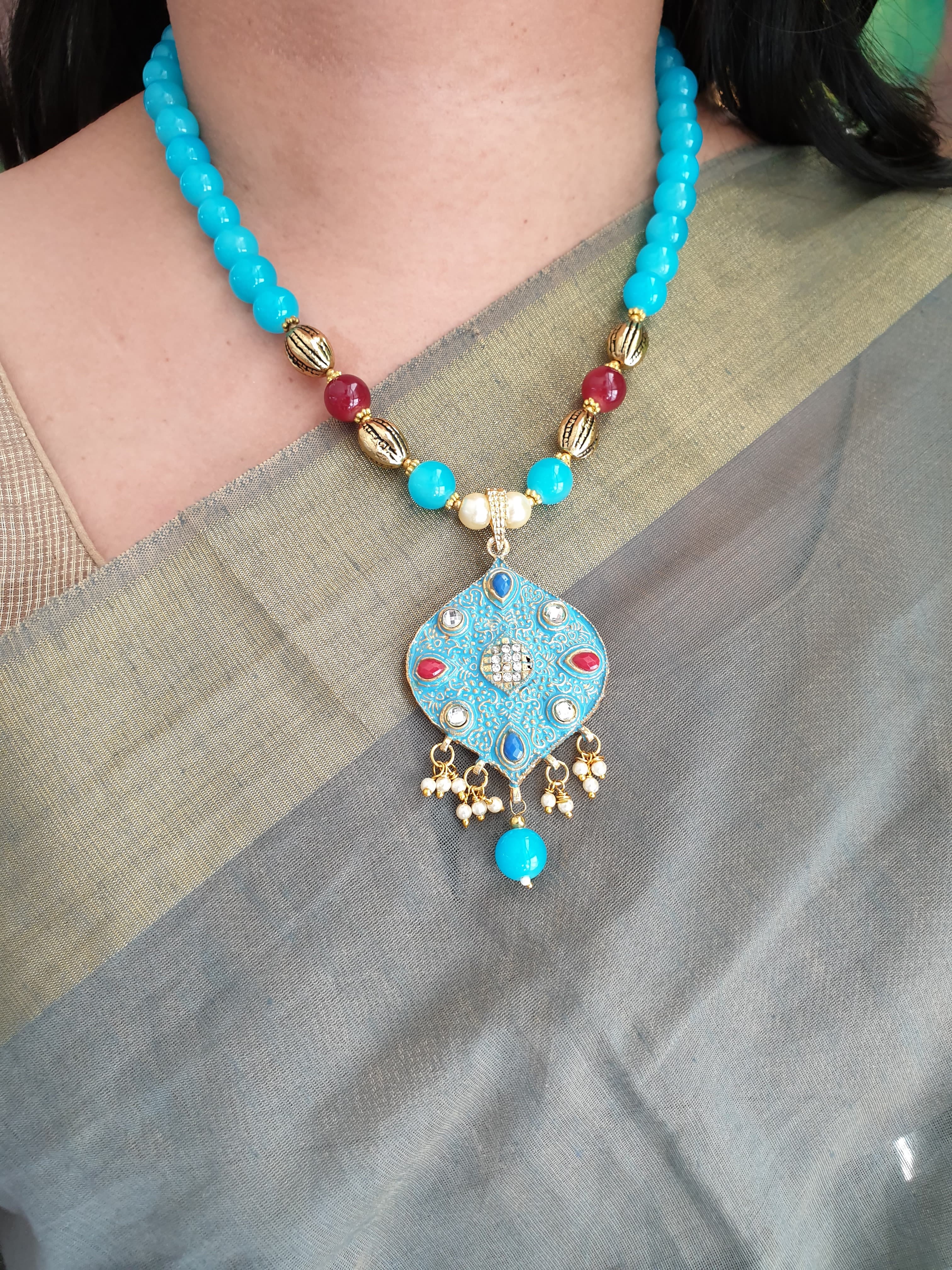 Turquoise Stone Meenakari Pendant With Earrings