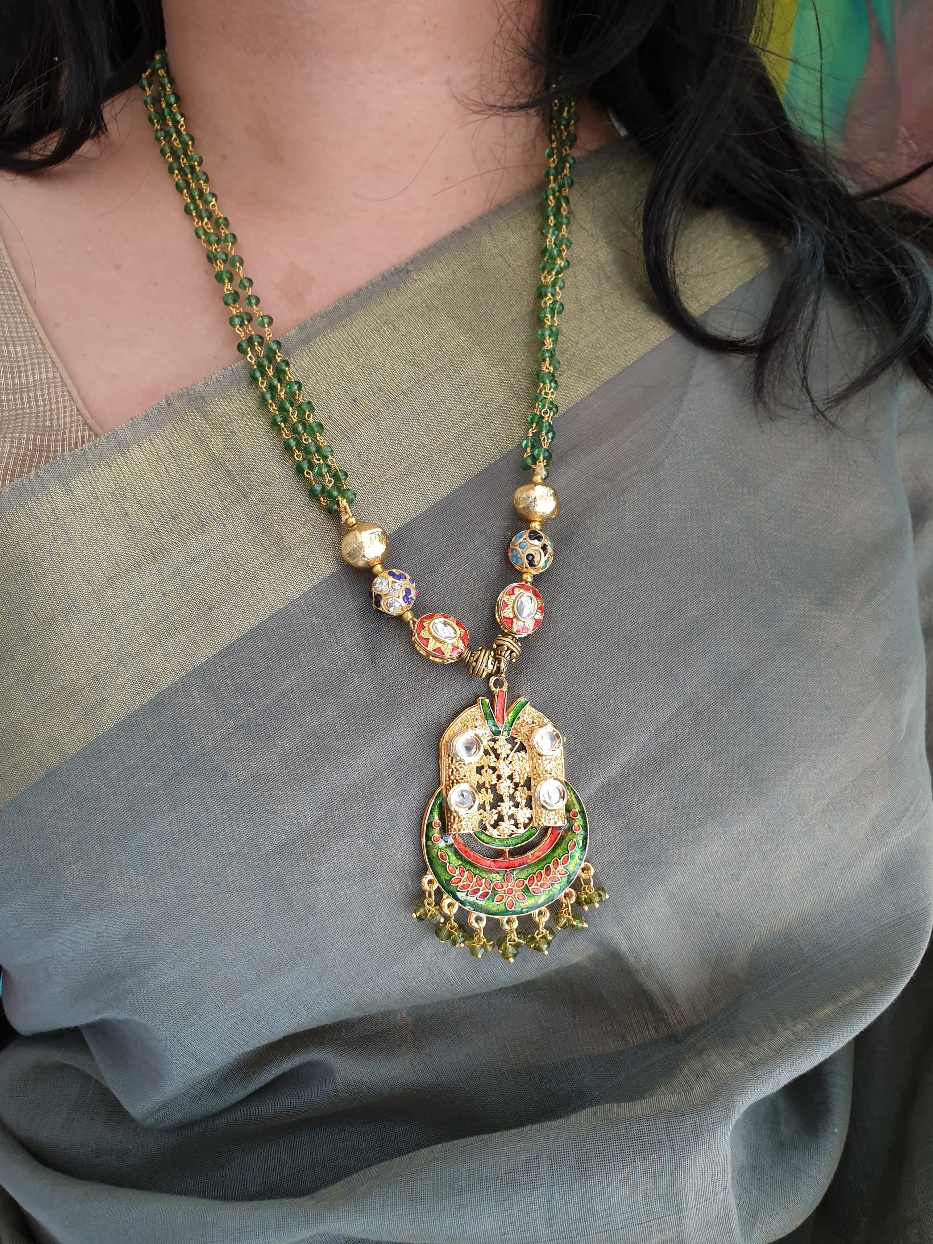 Green Beaded Meenakari Pendant Set With Earrings