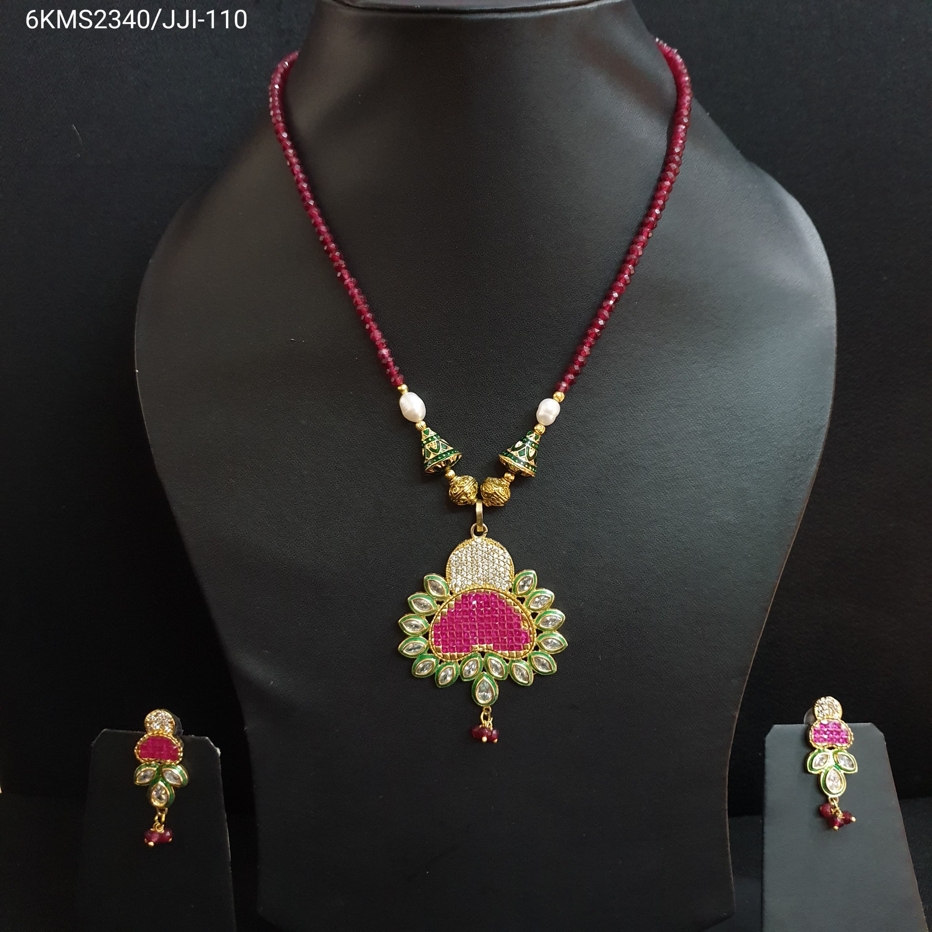 Ruby Pink Stone Designer Kundan Pendant Set With Earrings