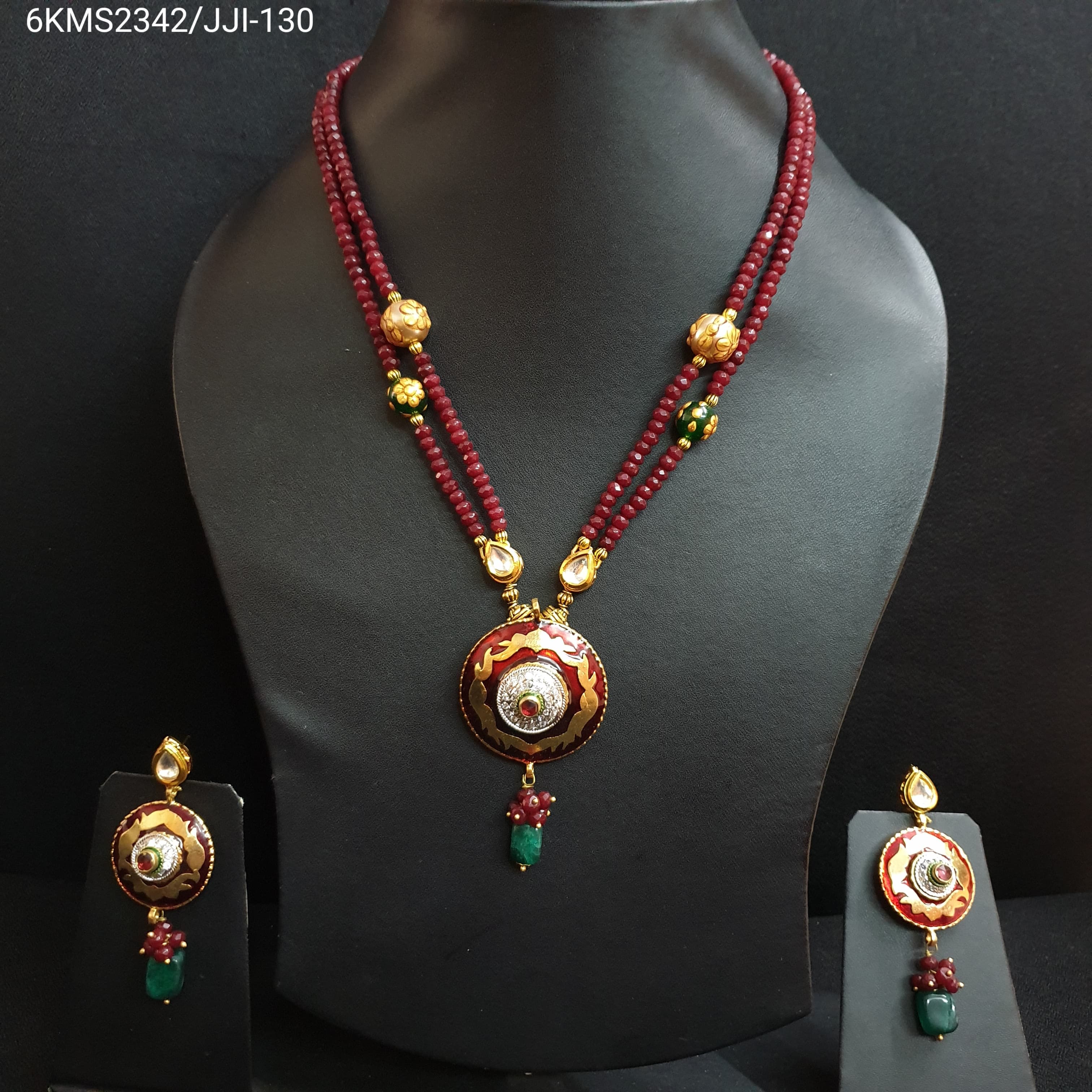 Red Stone Bead Meenakari Pendant Set With Earrings