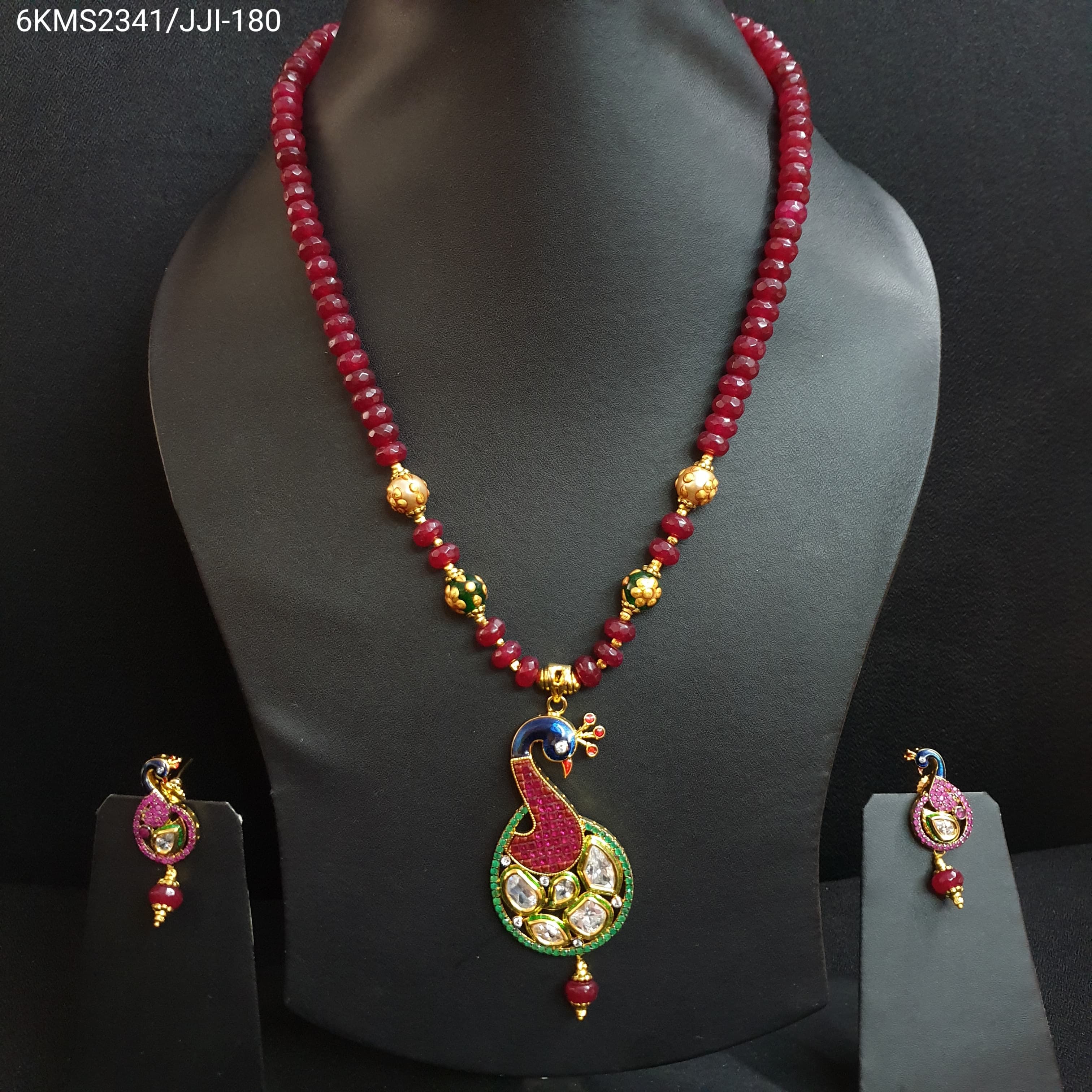 Ruby Pink Peacock Designer Kundan Pendant Set With Earrings