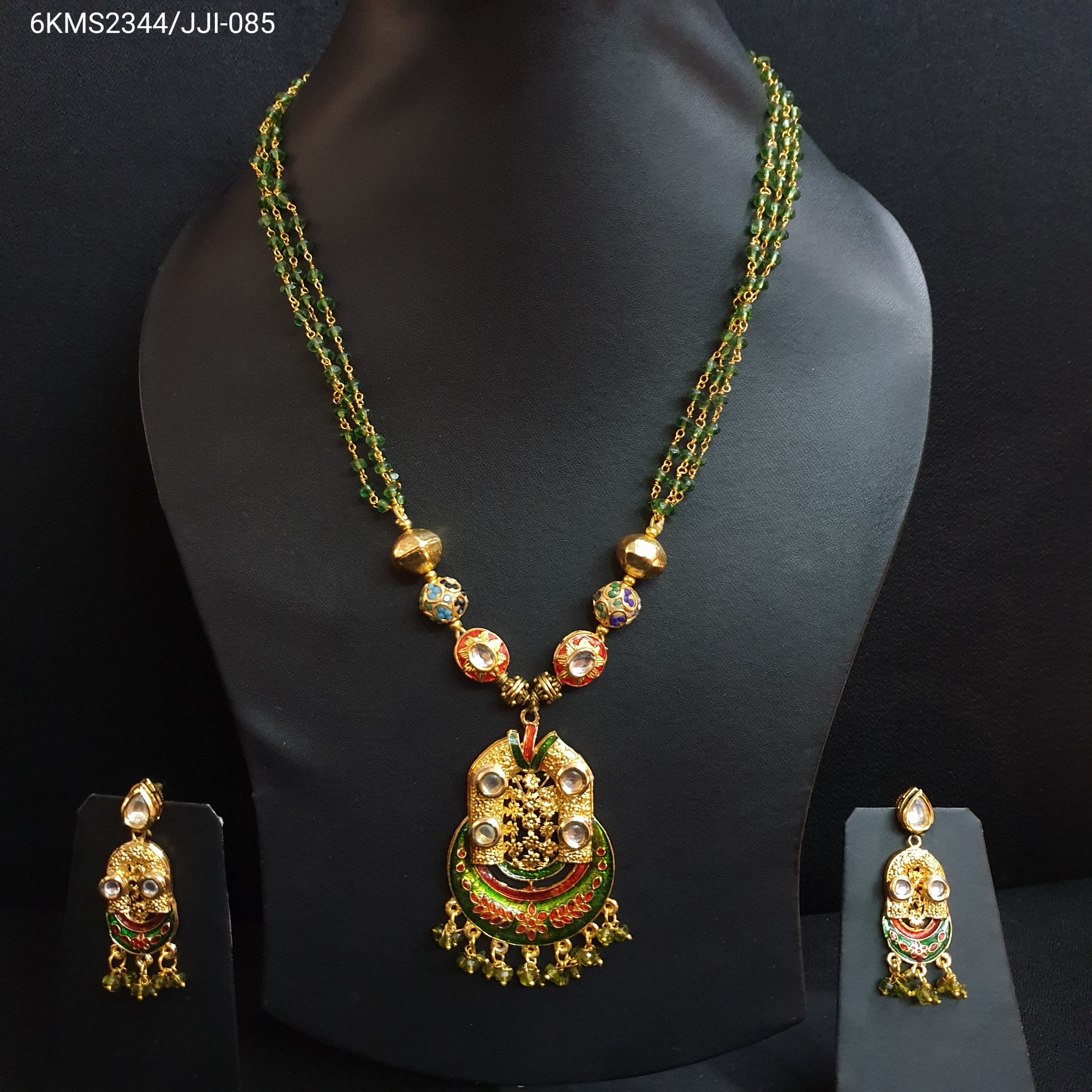 Green Beaded Meenakari Pendant Set With Earrings