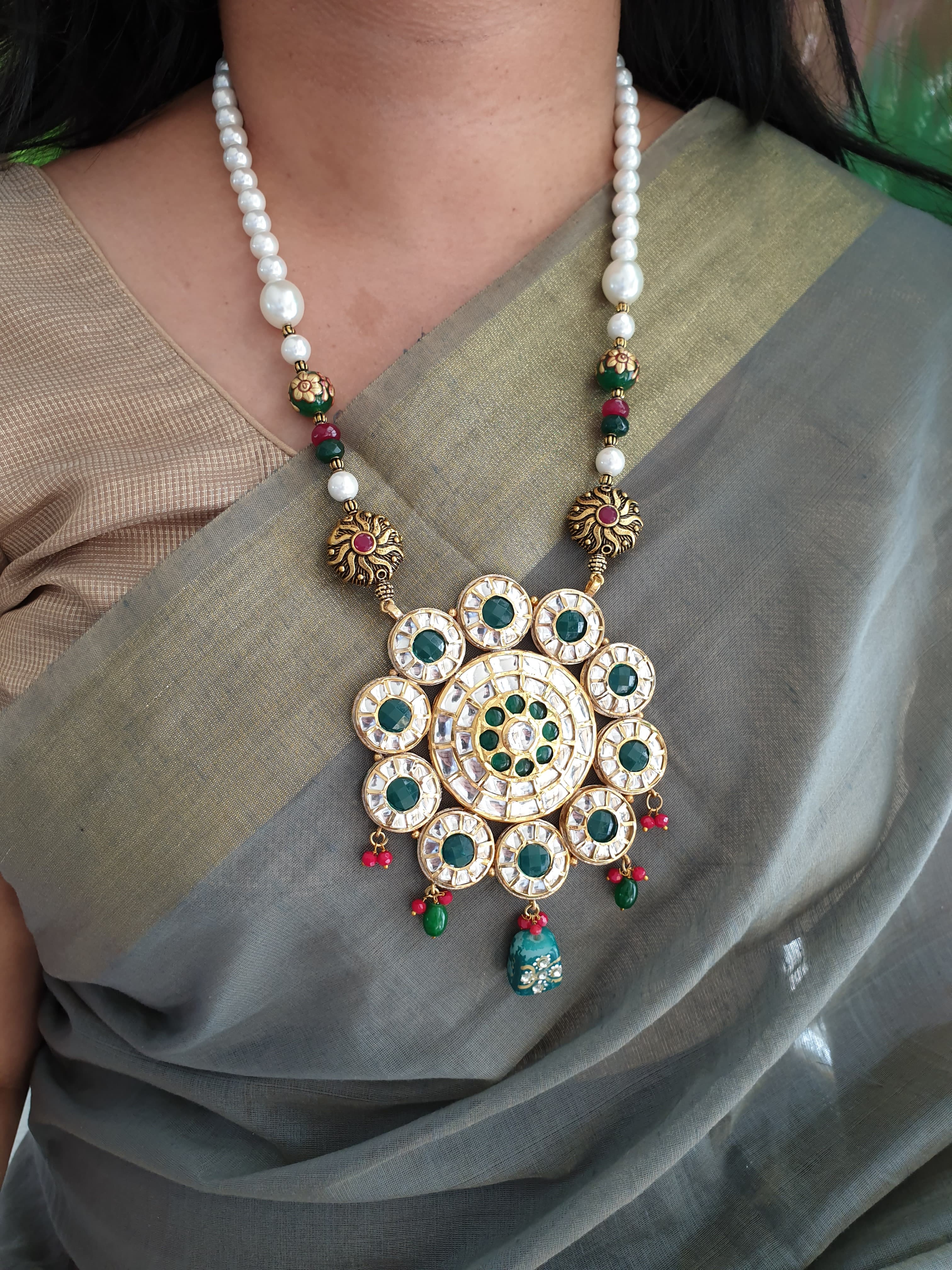 Green Stone Kundan Pearl Pendant Set With Earrings