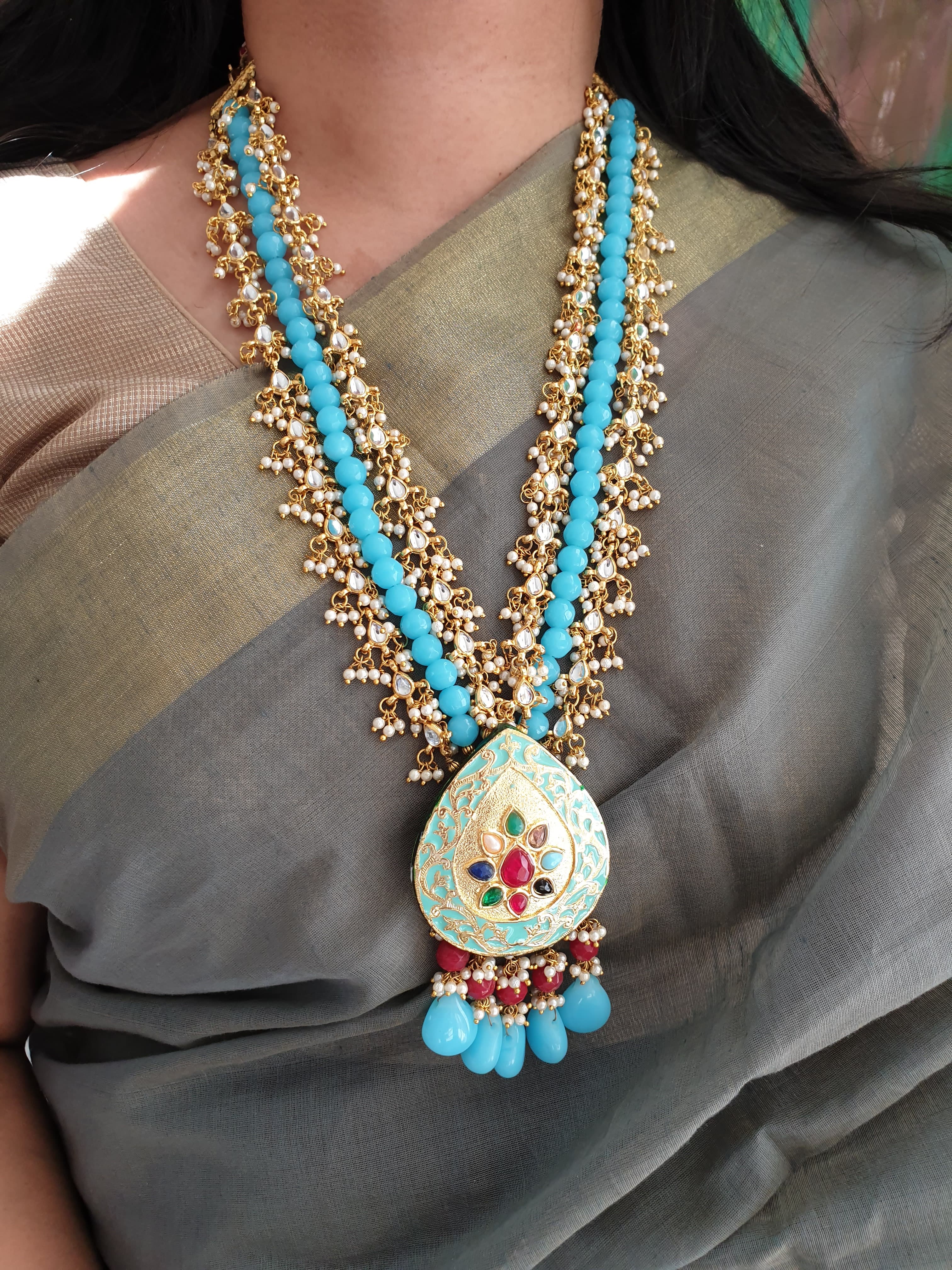 Turquoise Beaded Navratan Meenakari Pendant Set