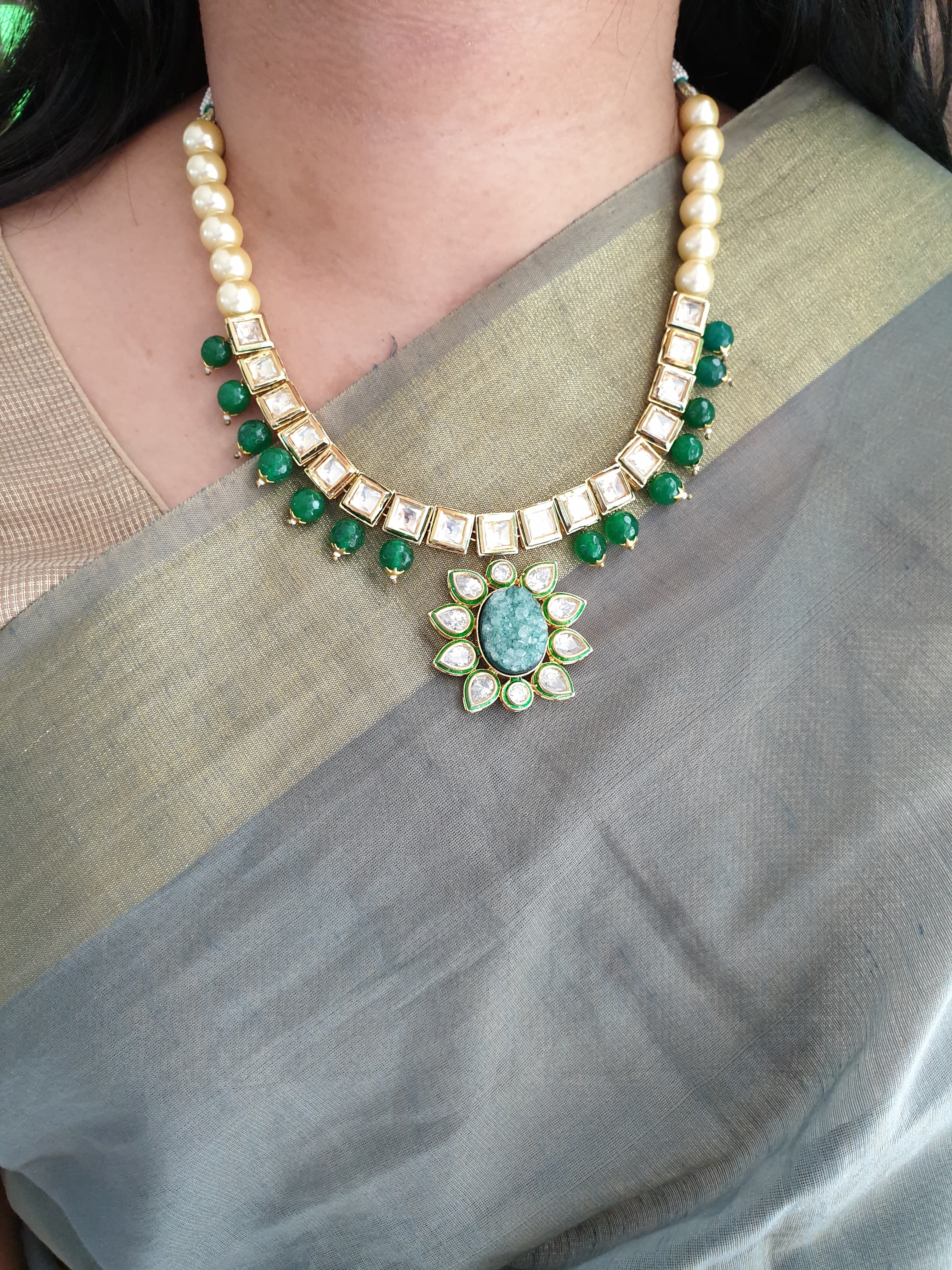 Kundan Green Beaded Necklace With Earrings