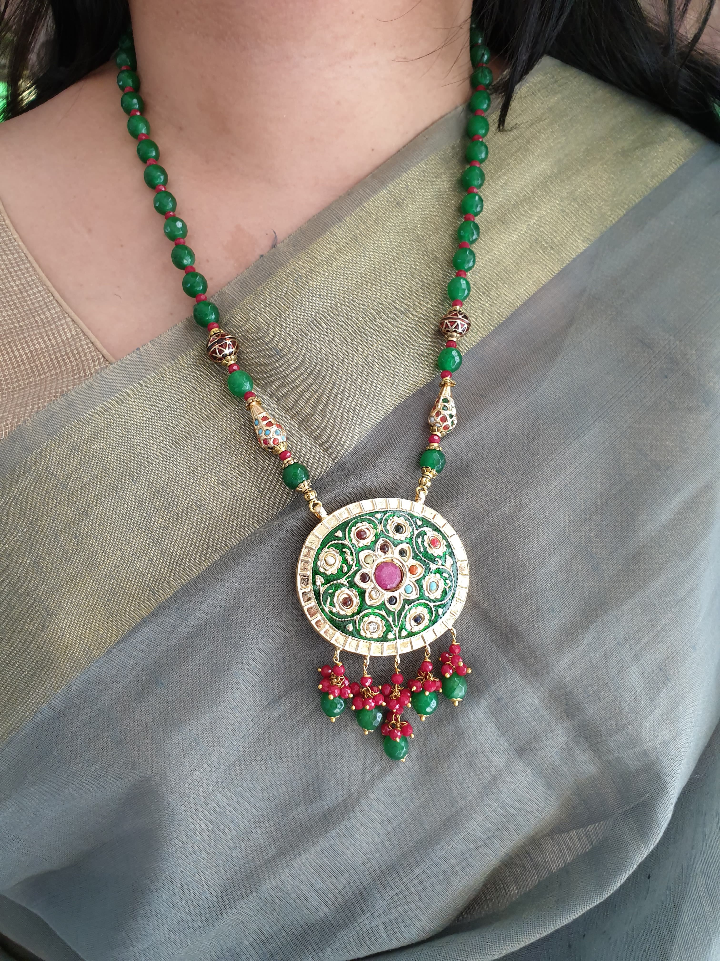 Green Beaded Meenakari Oval Pendant Set