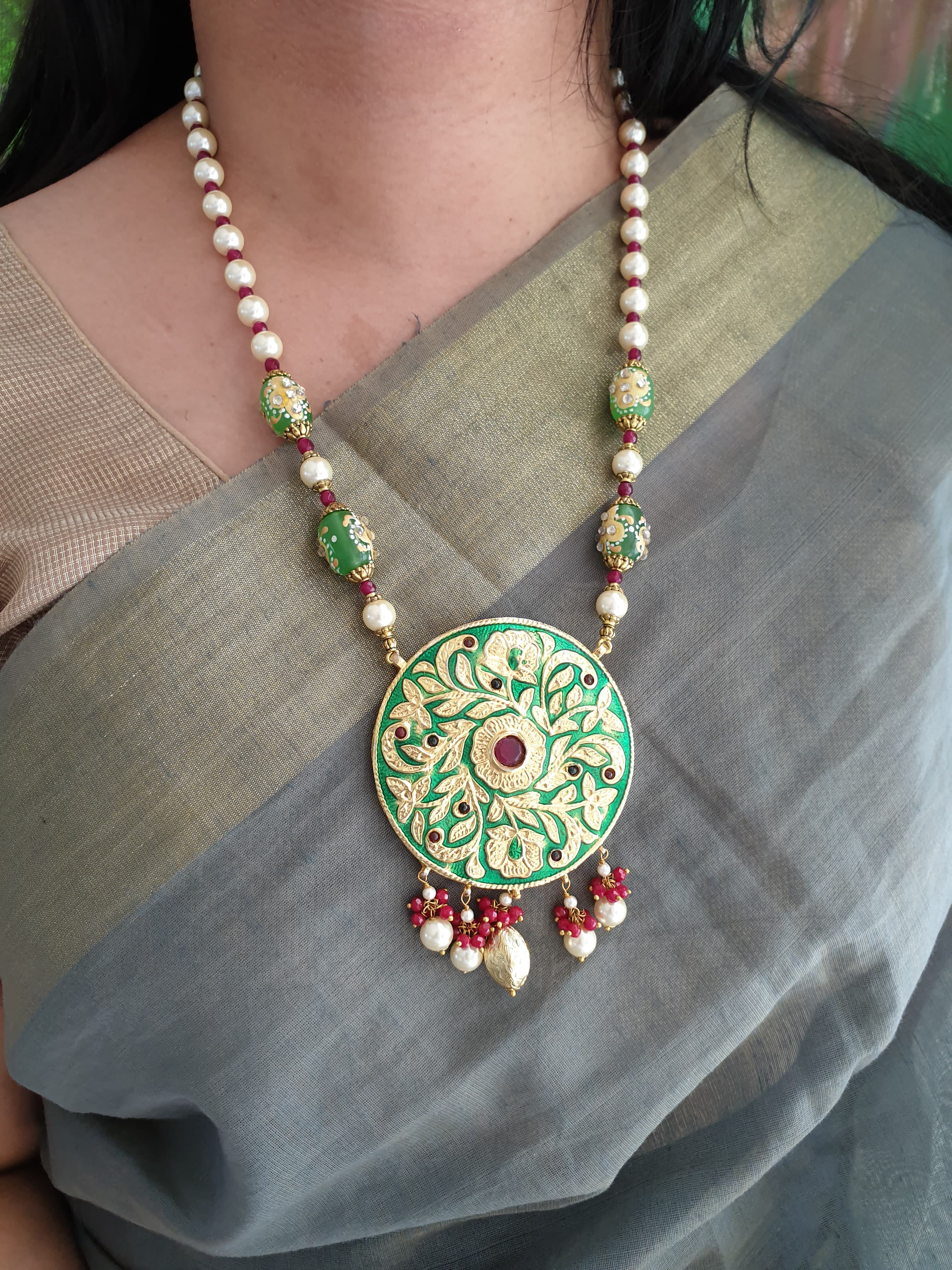 Pearl Beaded Green Meenakari Pendant Set