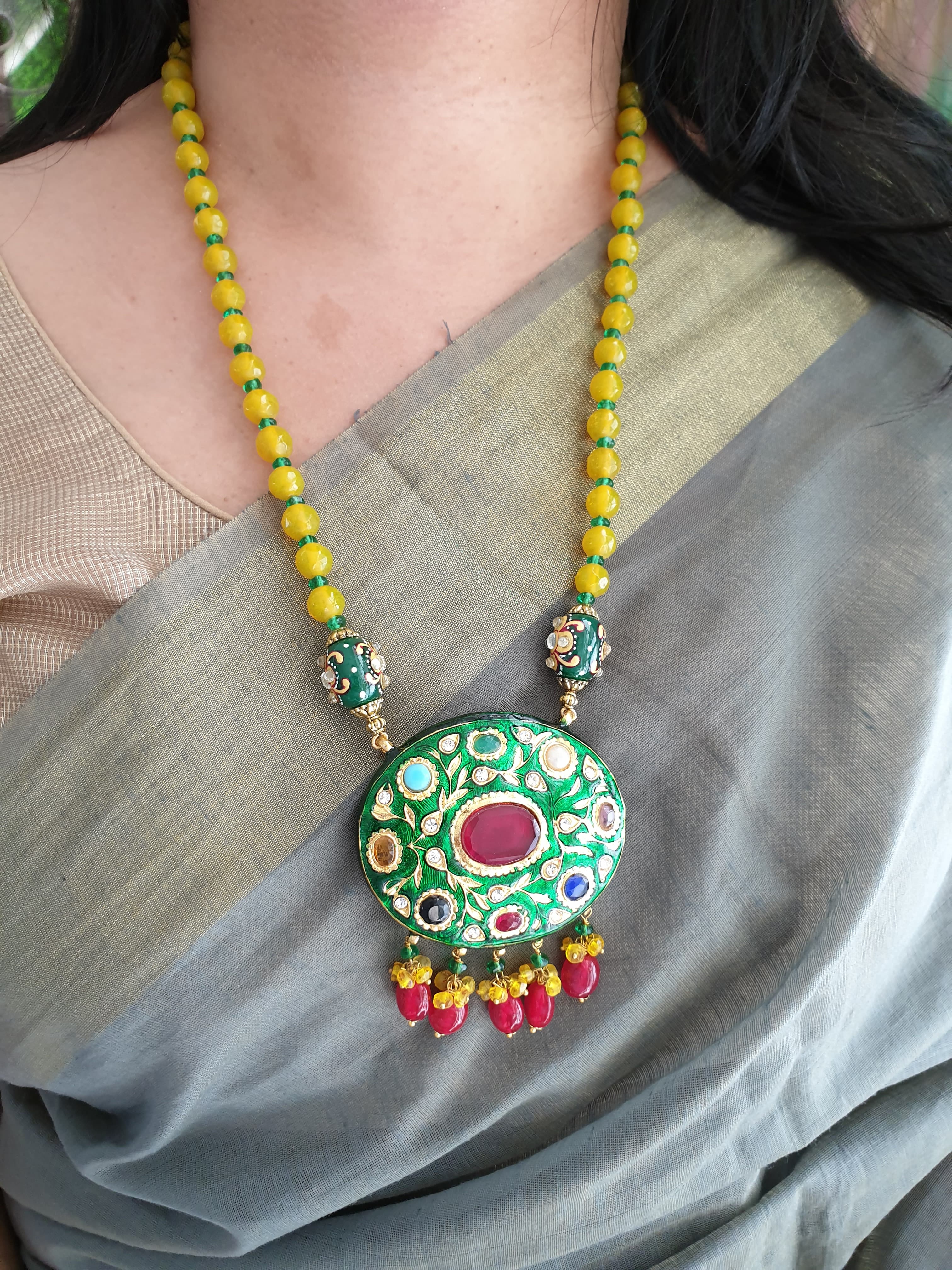 Yellow Beads Stone Meenakari Pendant With Earrings