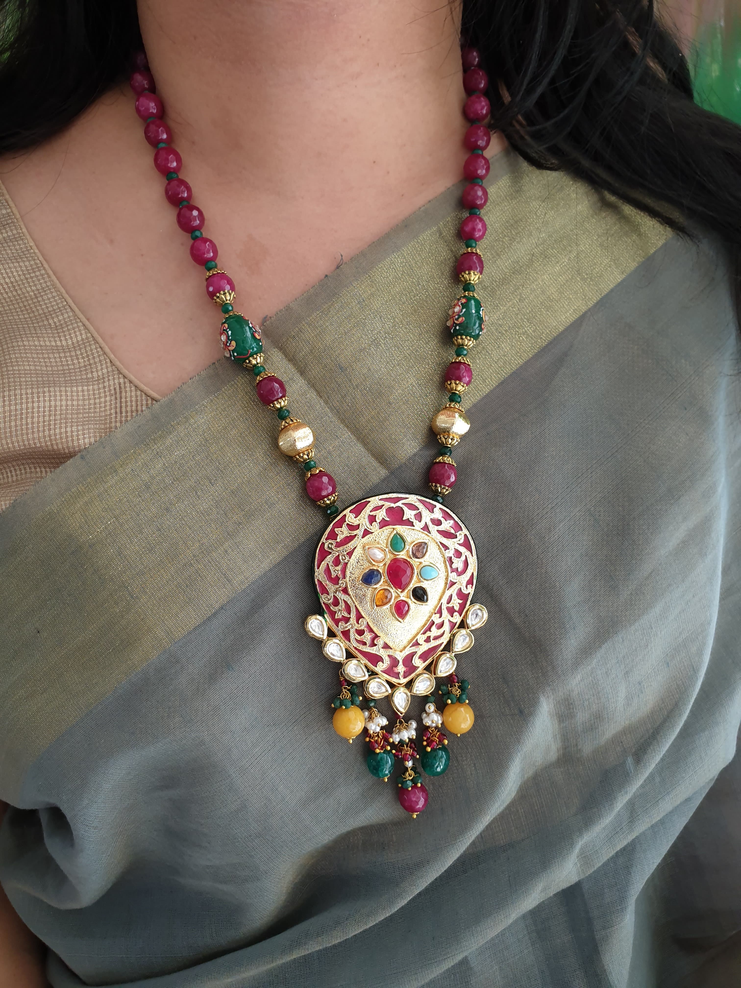 Magenta Beaded Kundan Meenakari Pendant Set