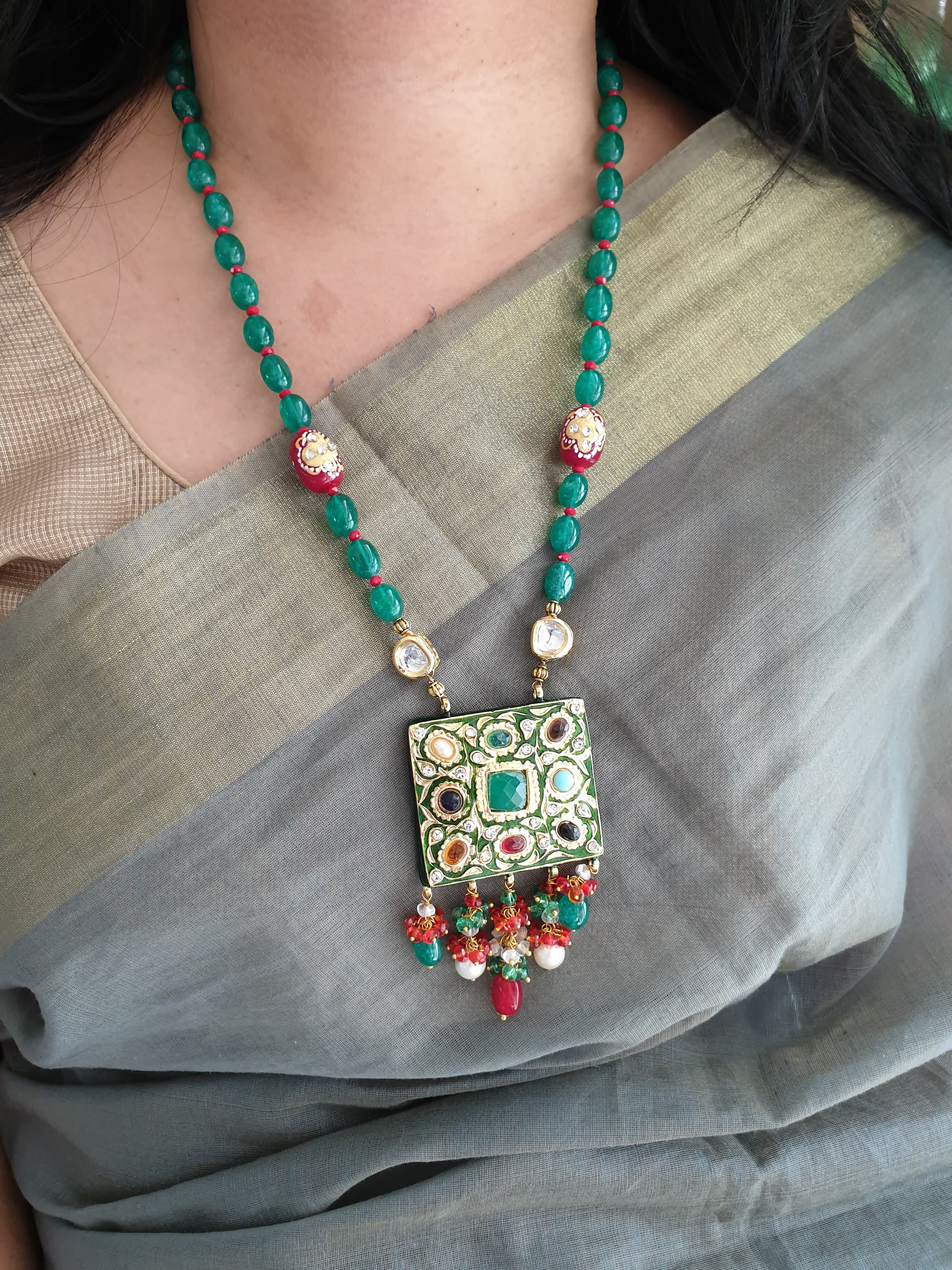 Green Beaded Kundan Meenakari Pendant Set