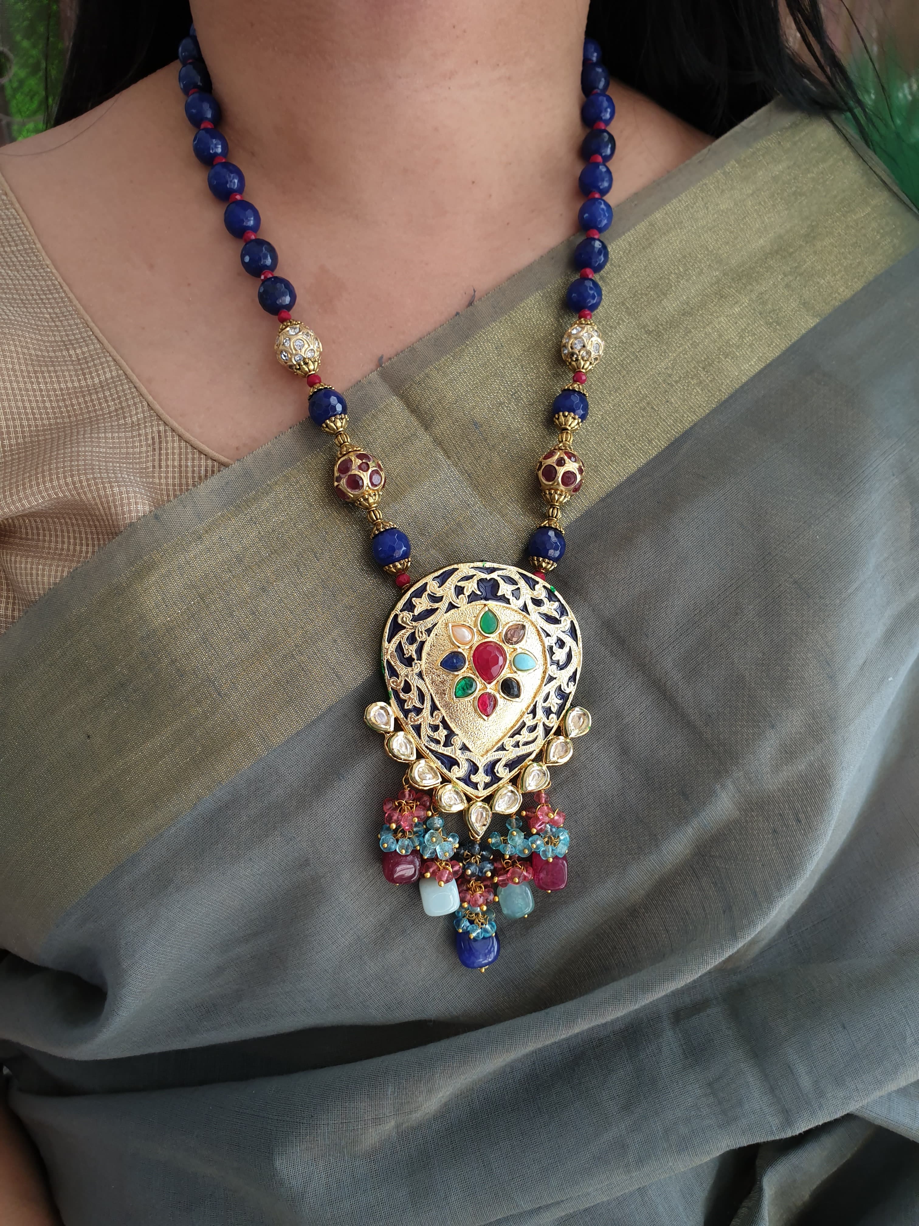 Dark Blue Beaded Kundan Meenakari Pendant Set