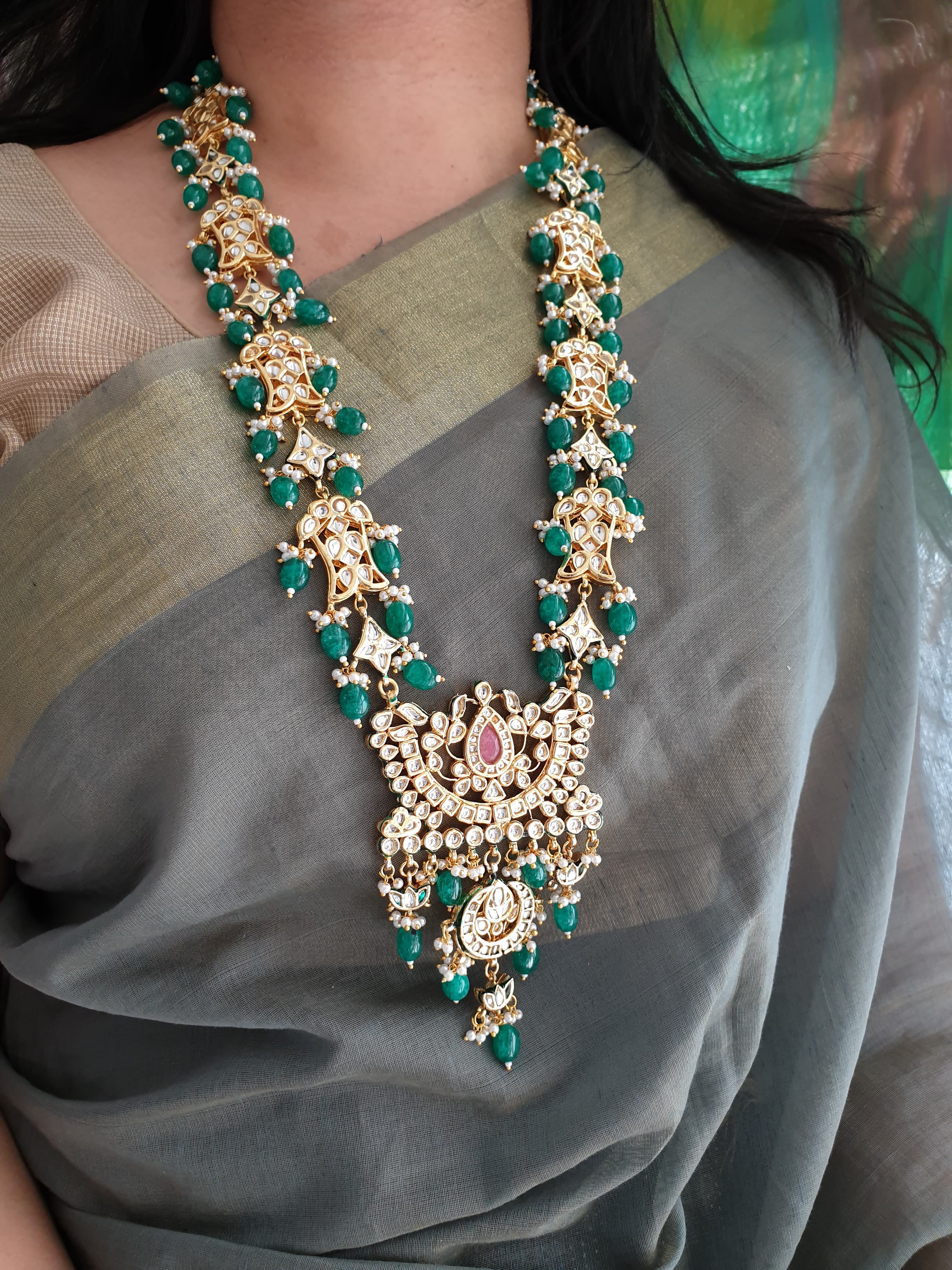 Kundan Green Beaded Stone Pendant Set With Earrings