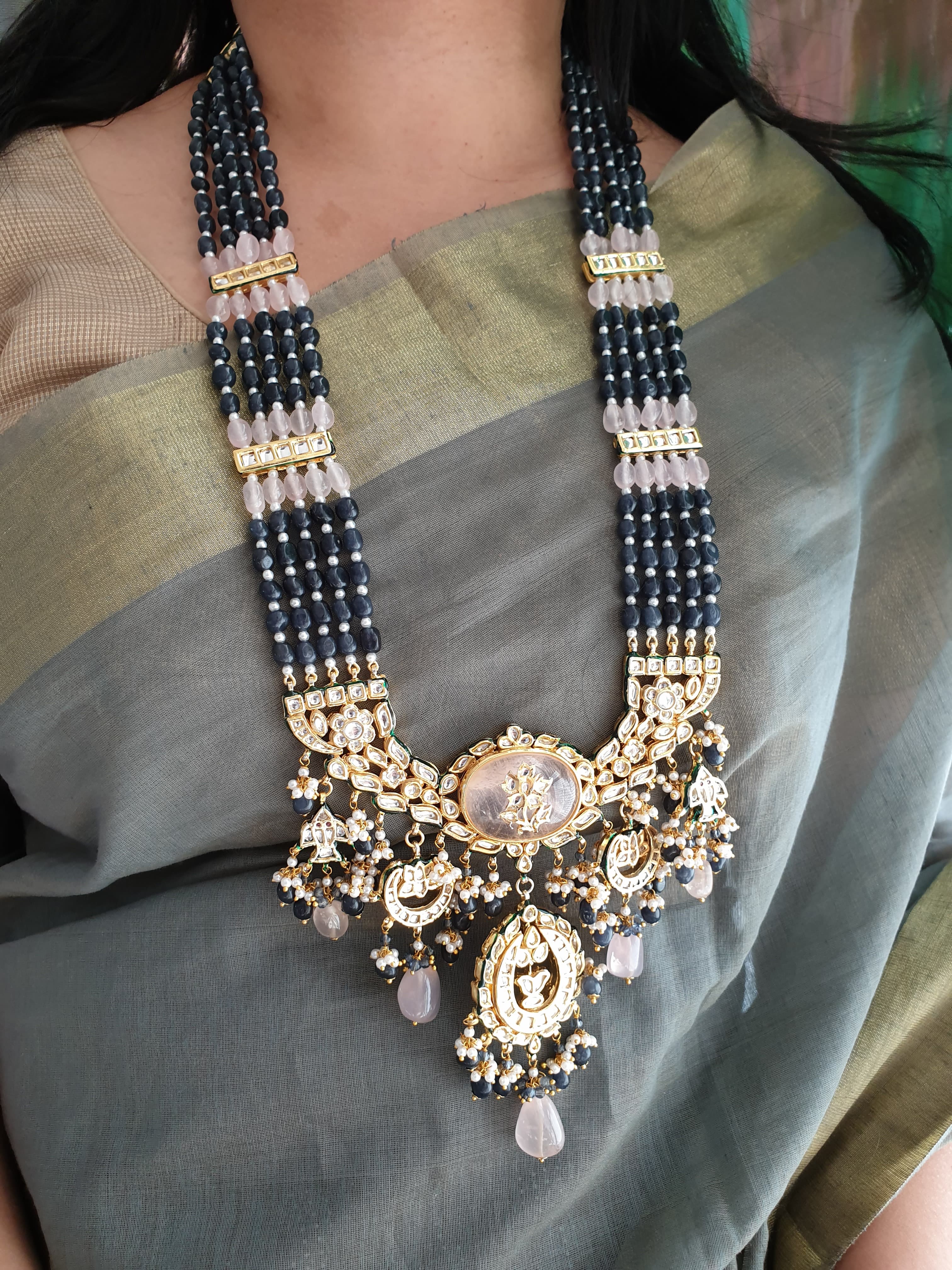 Kundan Blue Pink Stone Beaded Long Pendant Set