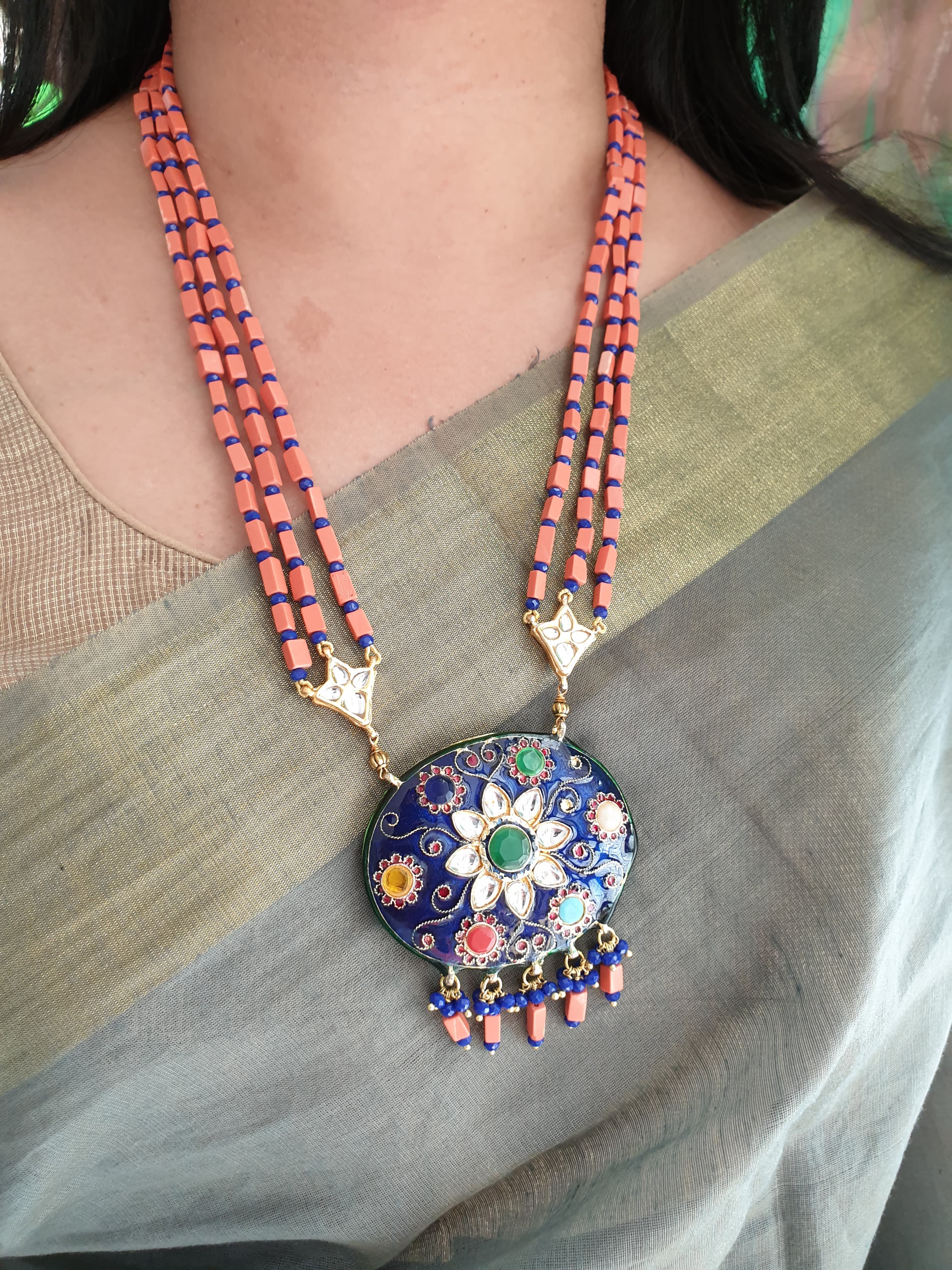 Peach Beaded Blue Meenakari Pendant Set