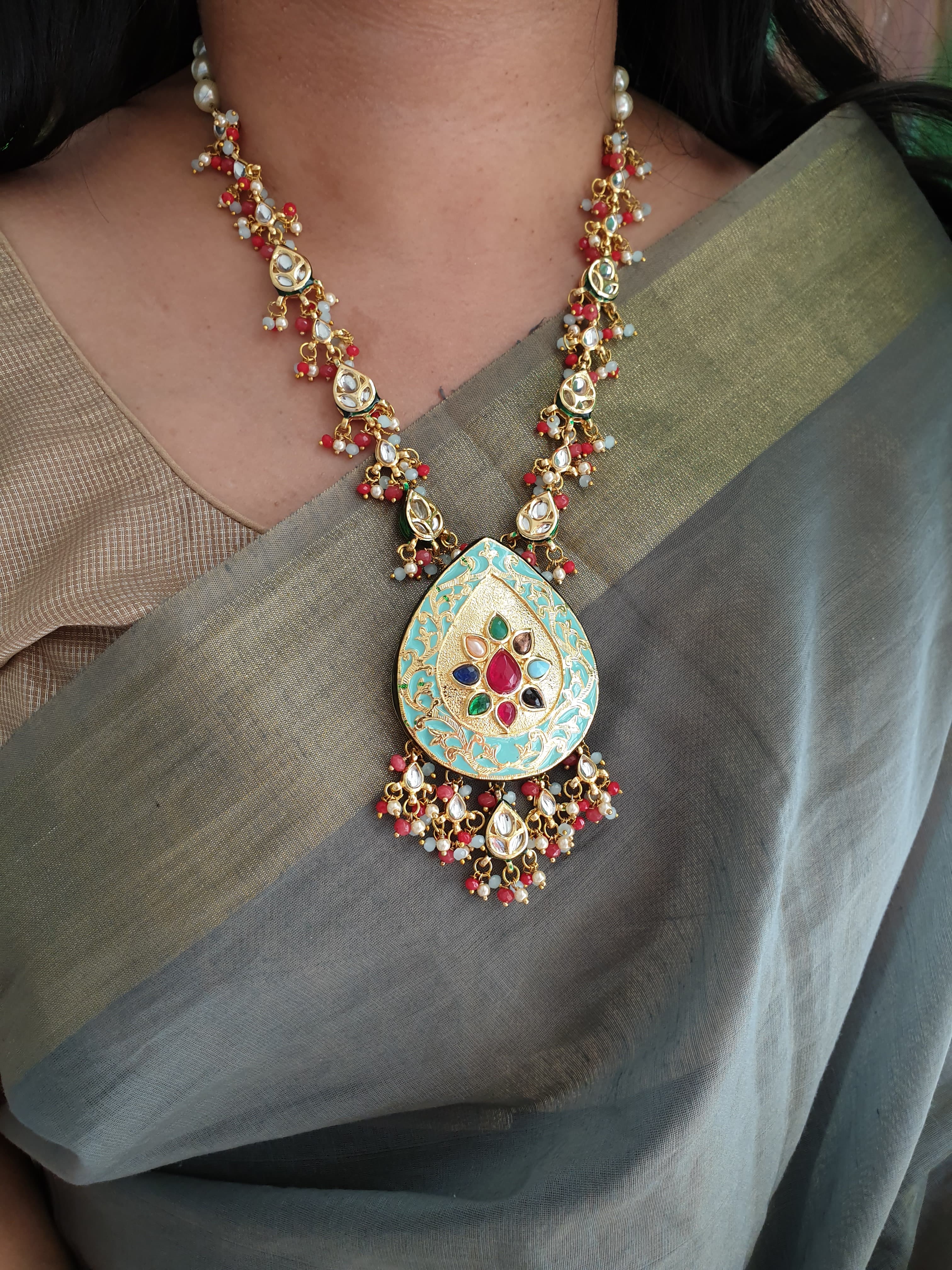 Kundan Pearl Beaded Turquoise Meenakari Pendant Set