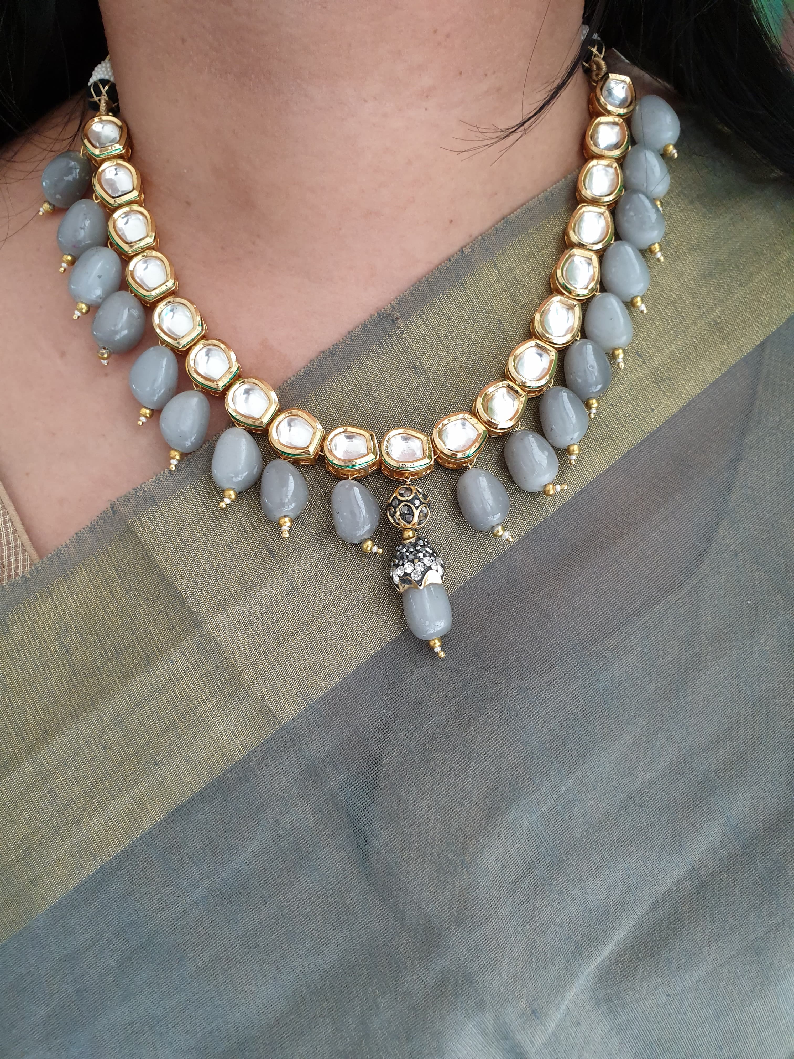 Grey Stone Kundan Necklace With Earrings