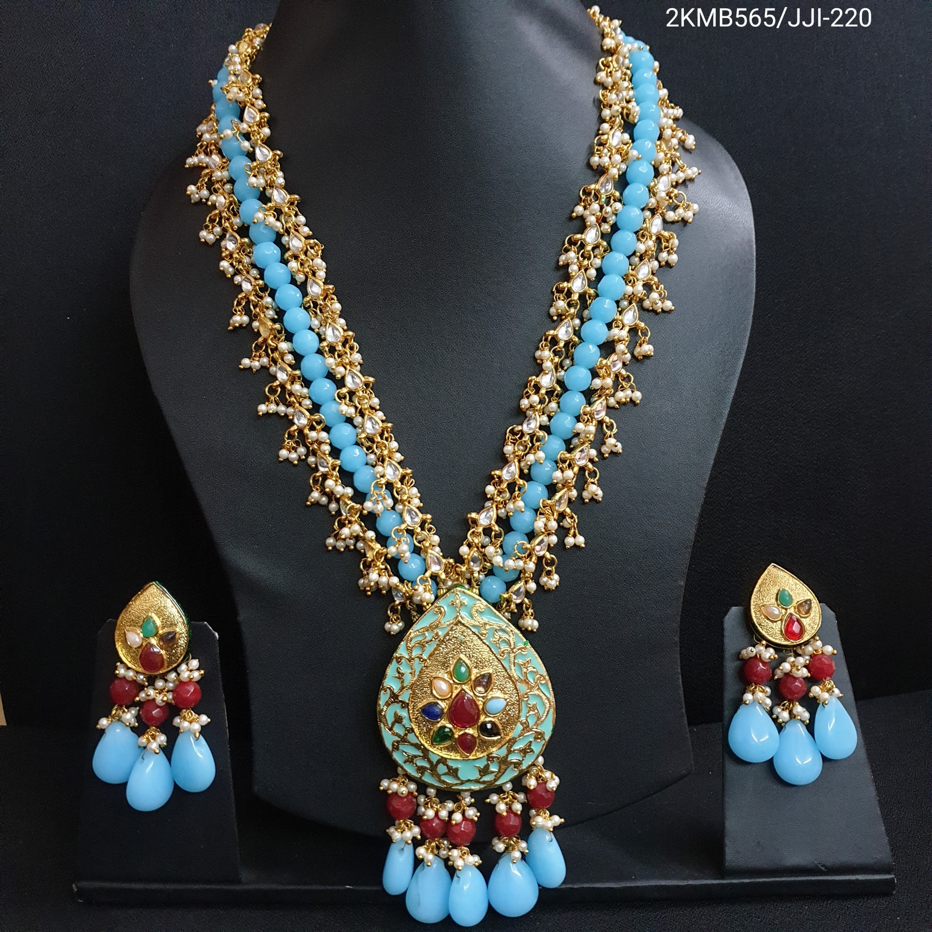 Turquoise Beaded Navratan Meenakari Pendant Set