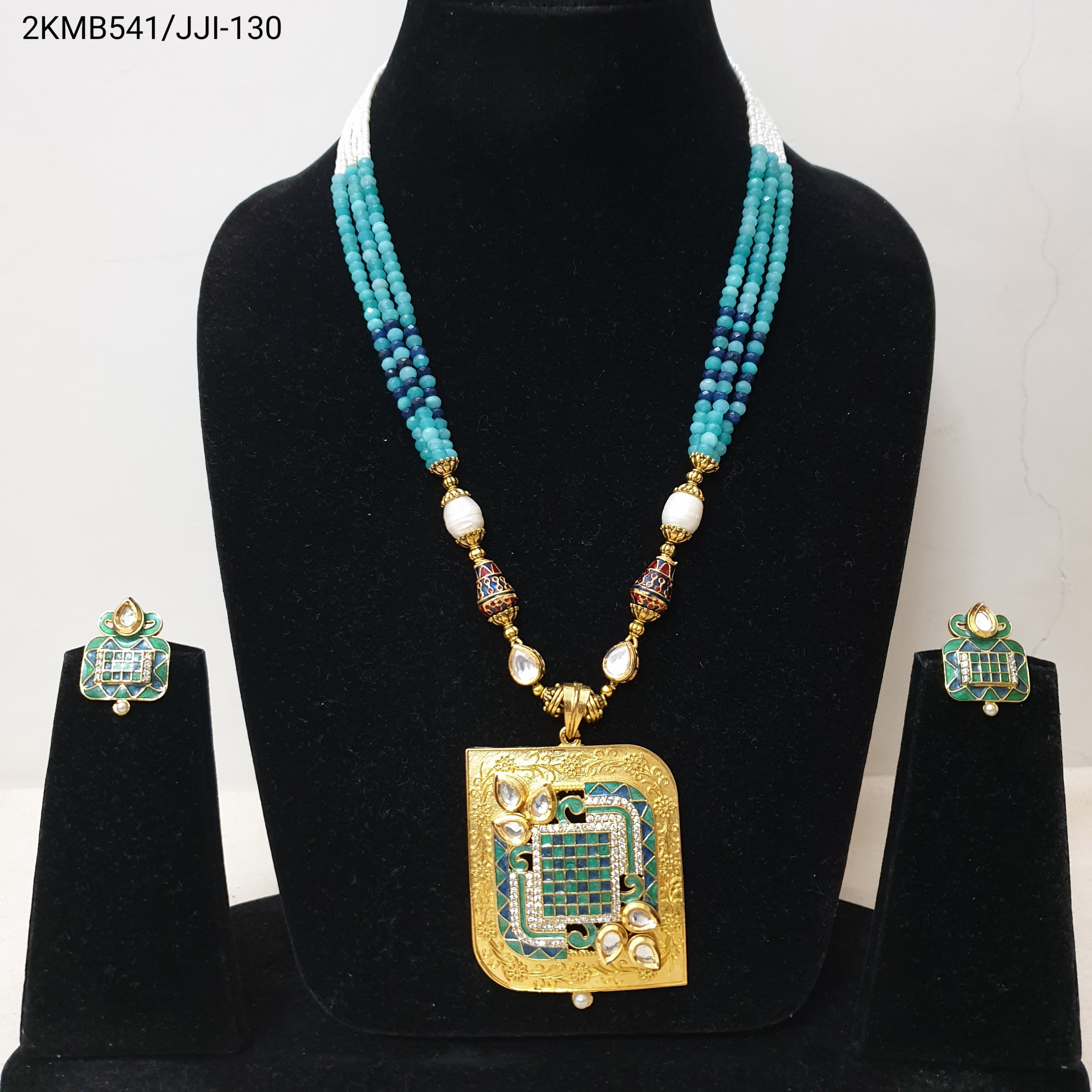 Gold Tone Kundan Blue Beaded Pendant Set With Earrings