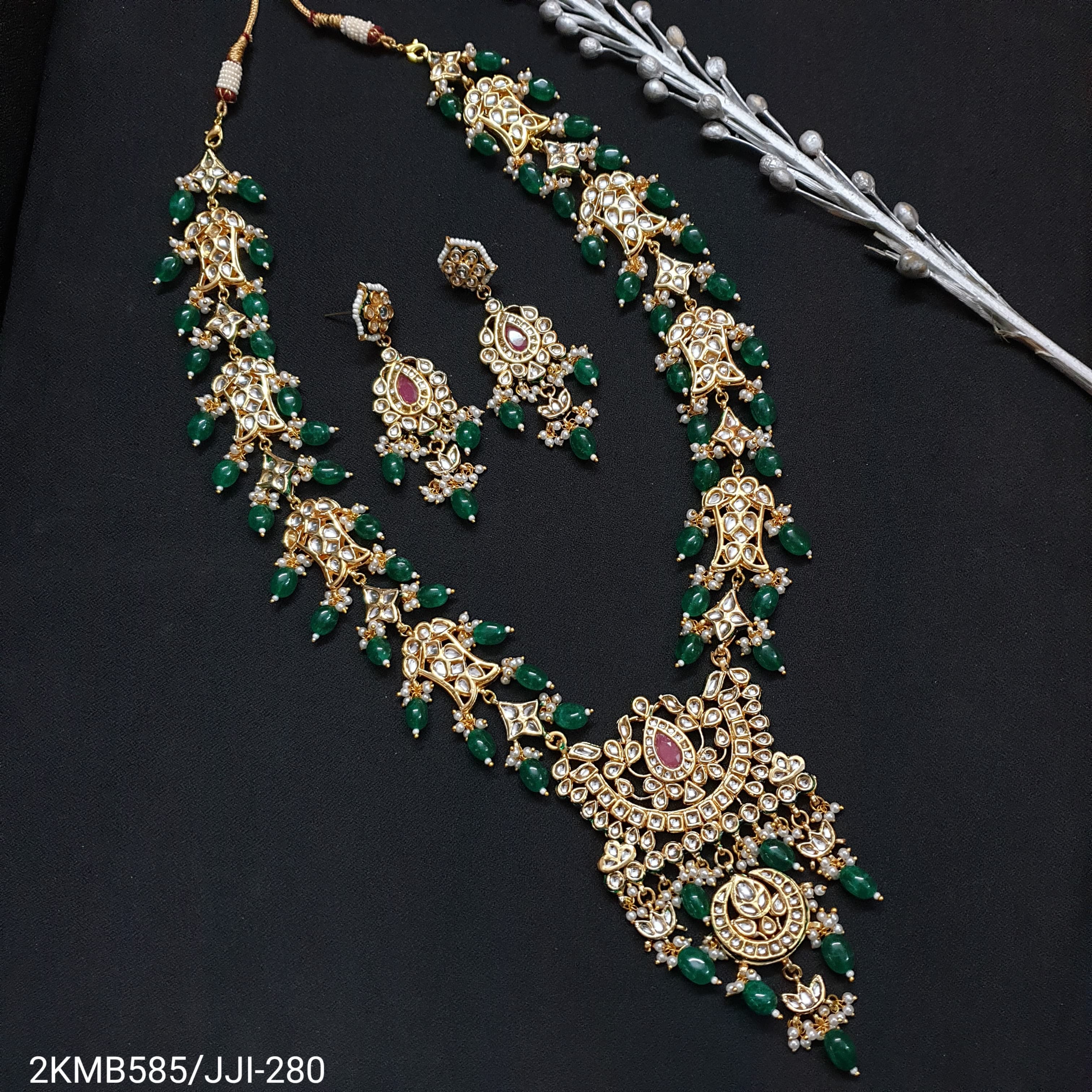 Kundan Green Beaded Stone Pendant Set With Earrings