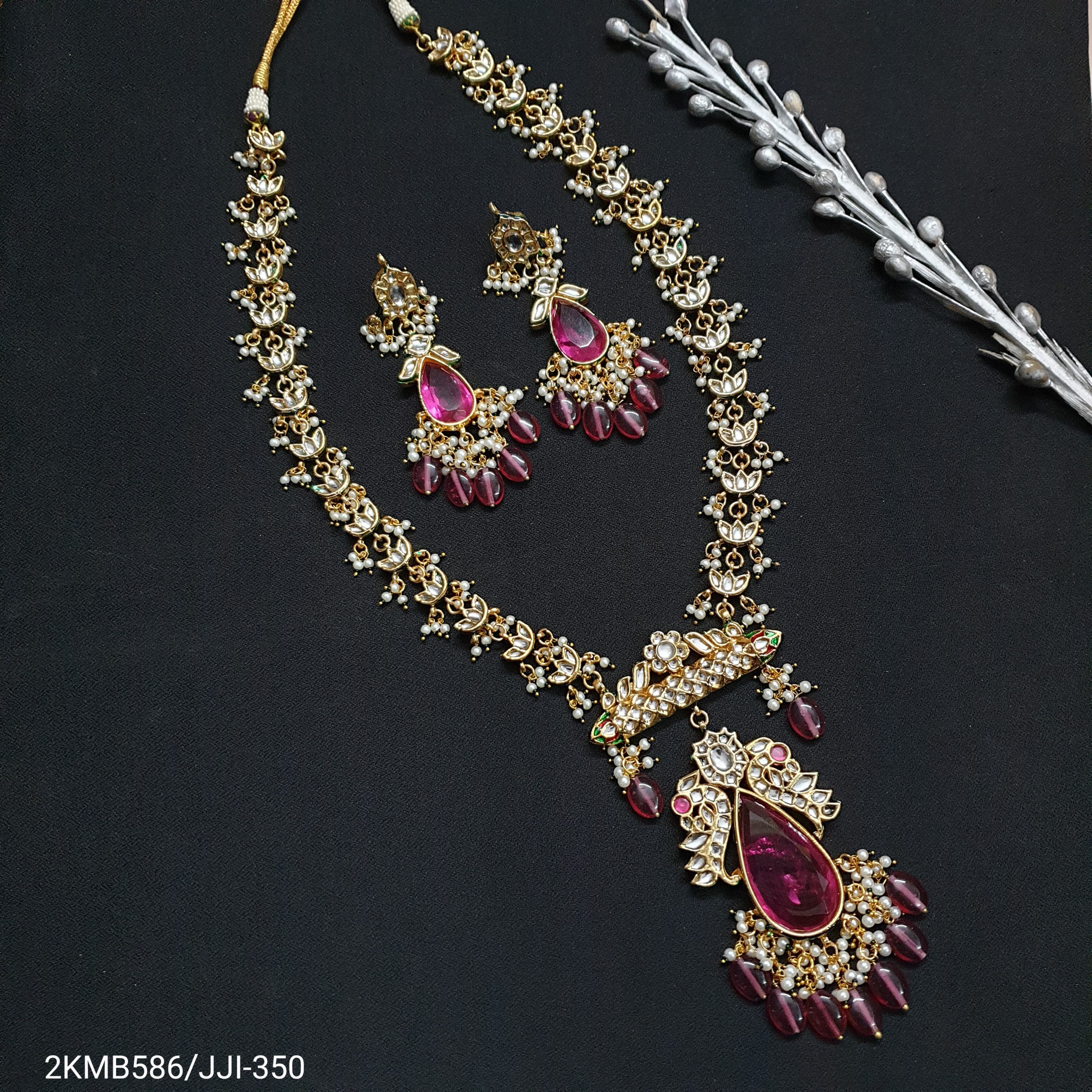 Designer Kundan Red Pink Stone Pendant Set With Earrings