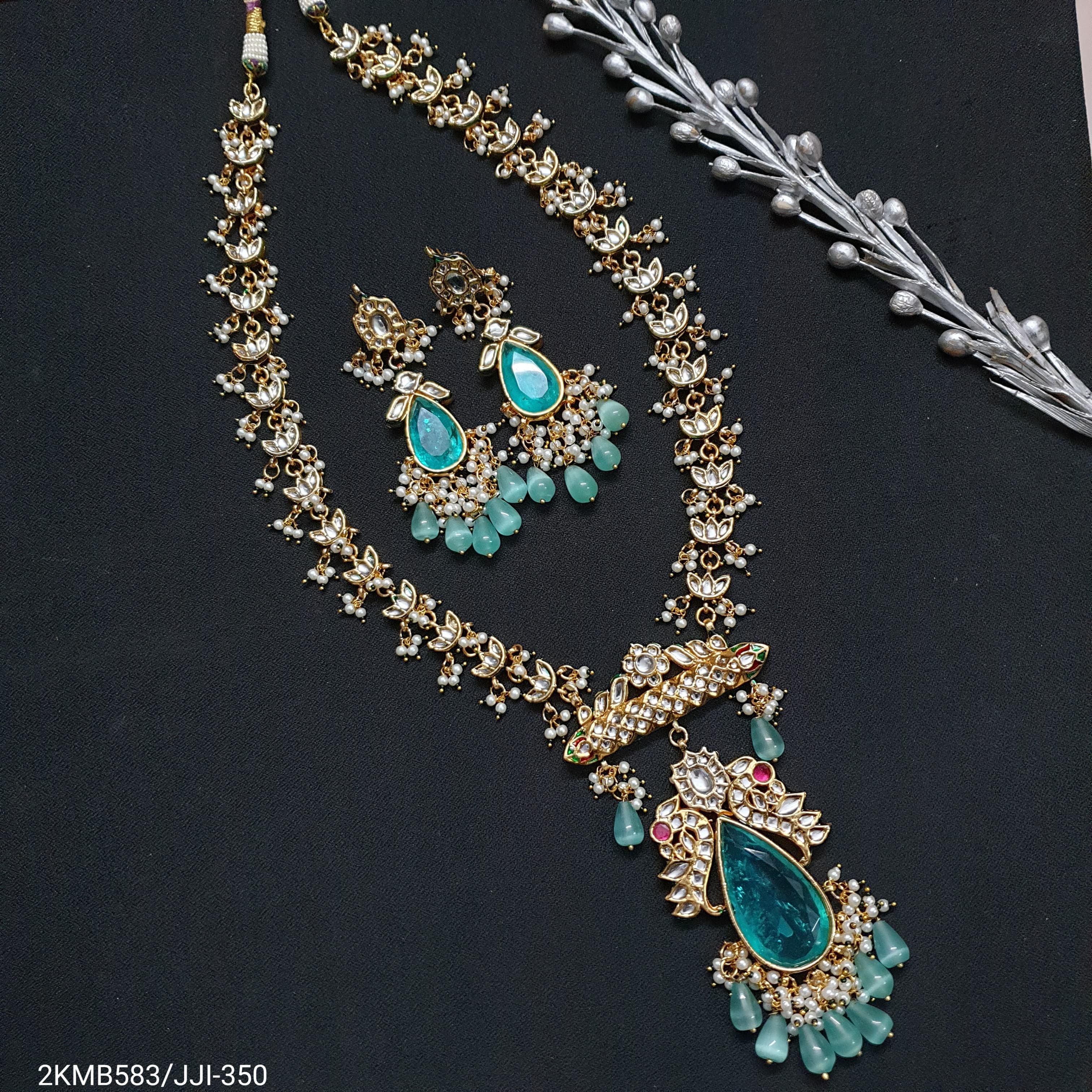 Designer Kundan Green Stone Pendant Set With Earrings