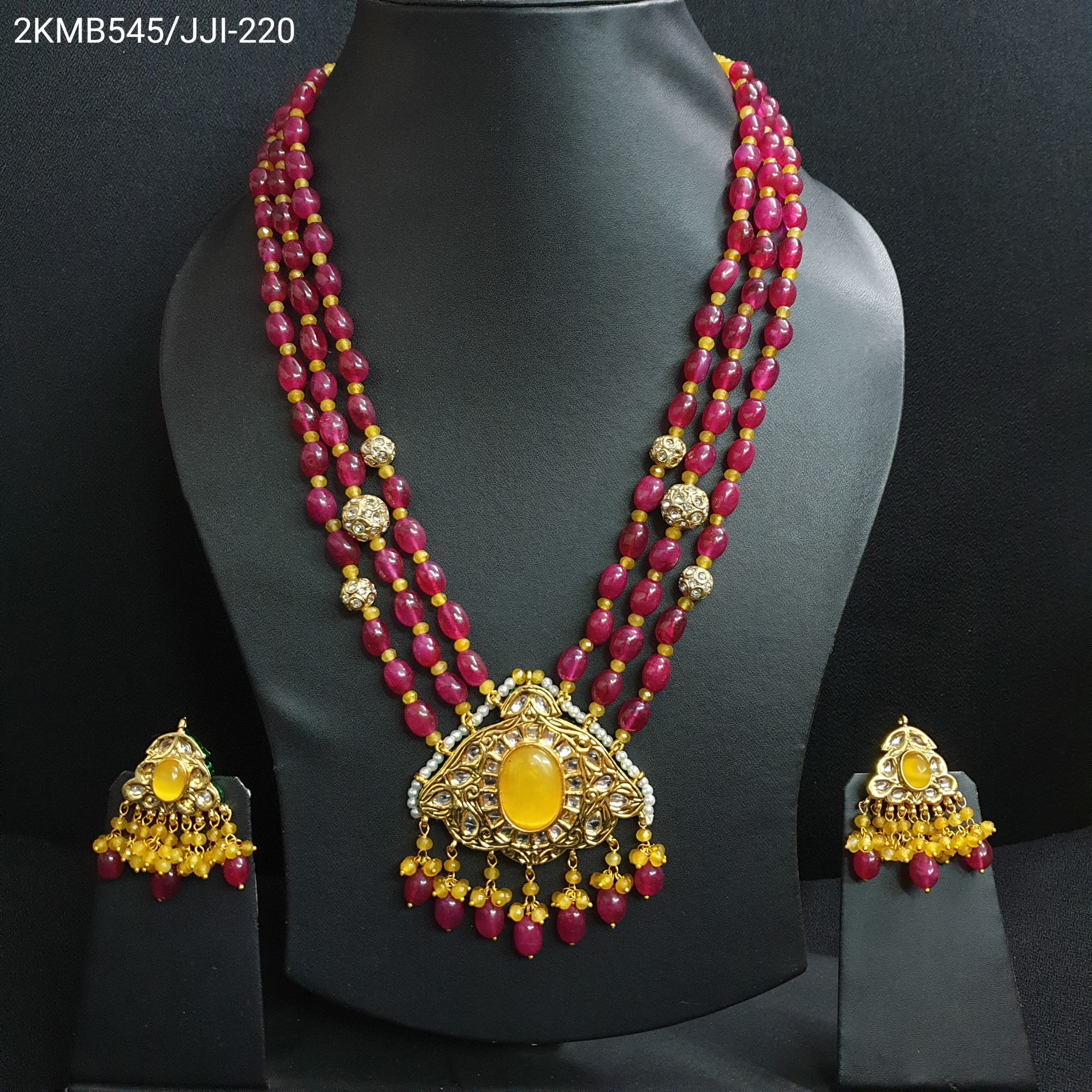 Gold Tone Kundan Yellow Stone Red Beaded Pendant Set