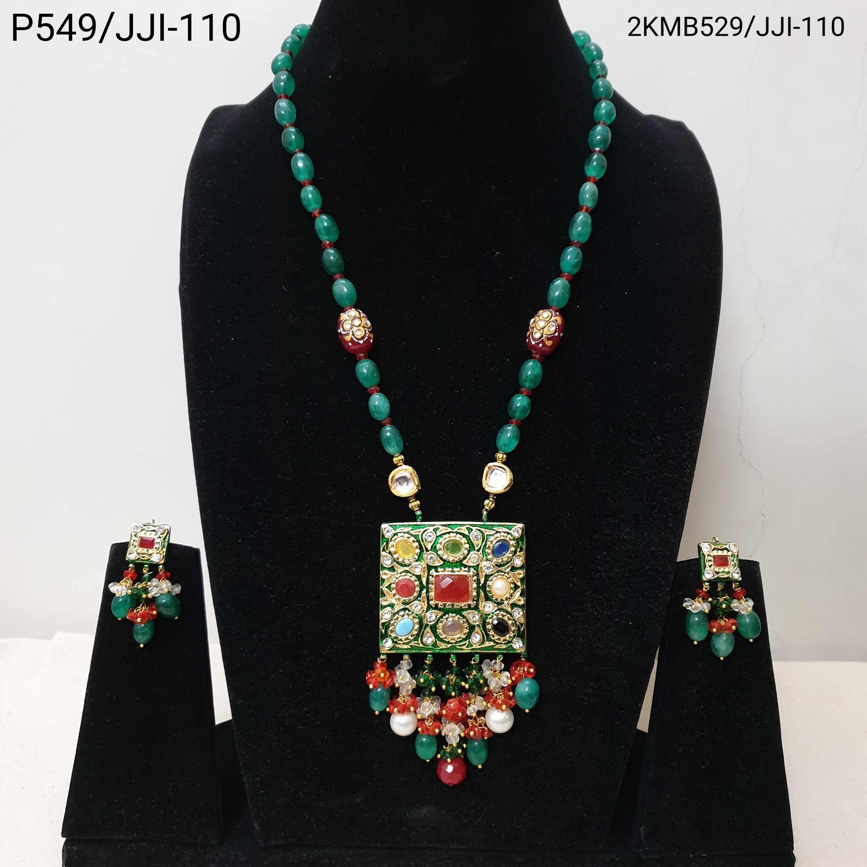 Green Beaded Kundan Meenakari Pendant Set