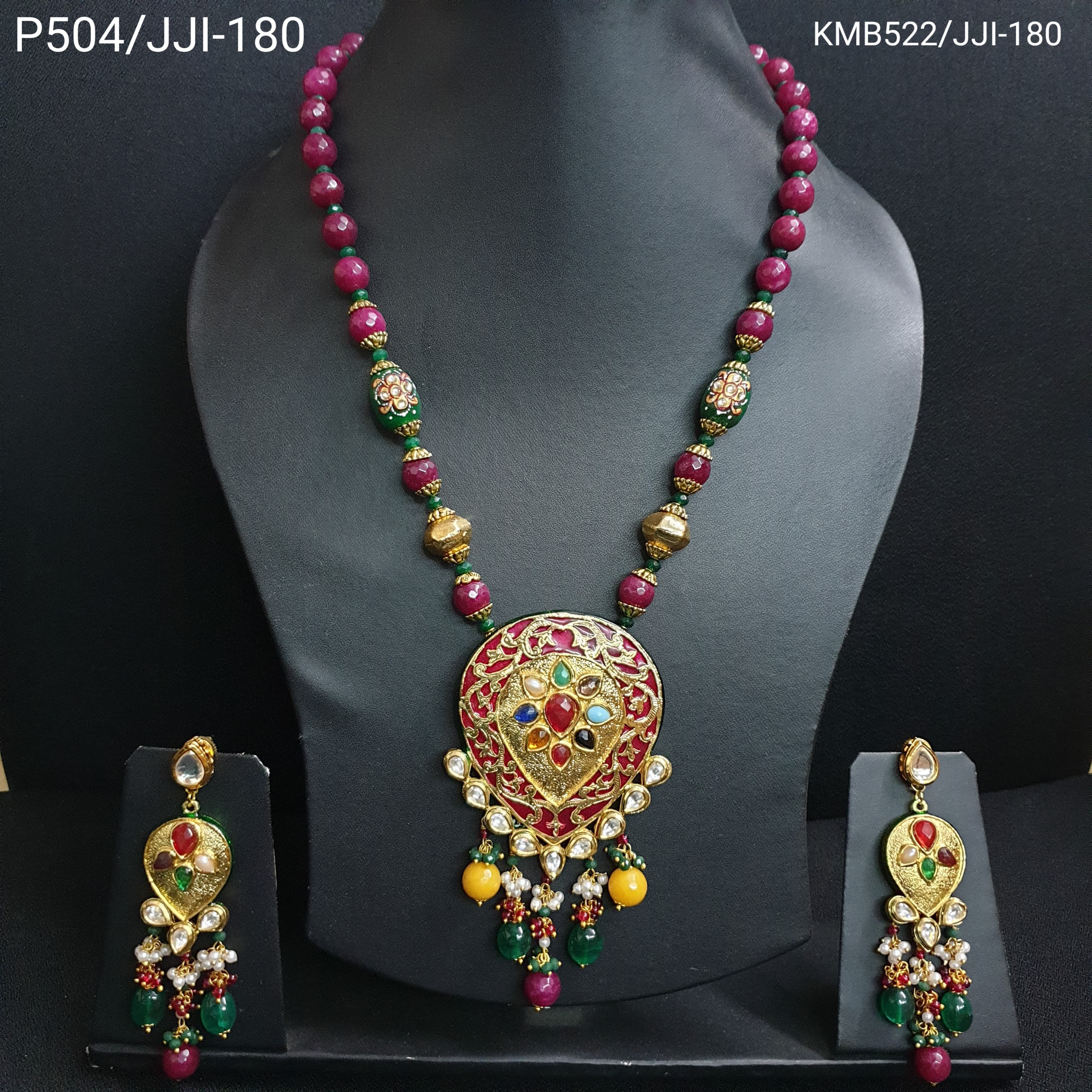 Magenta Beaded Kundan Meenakari Pendant Set