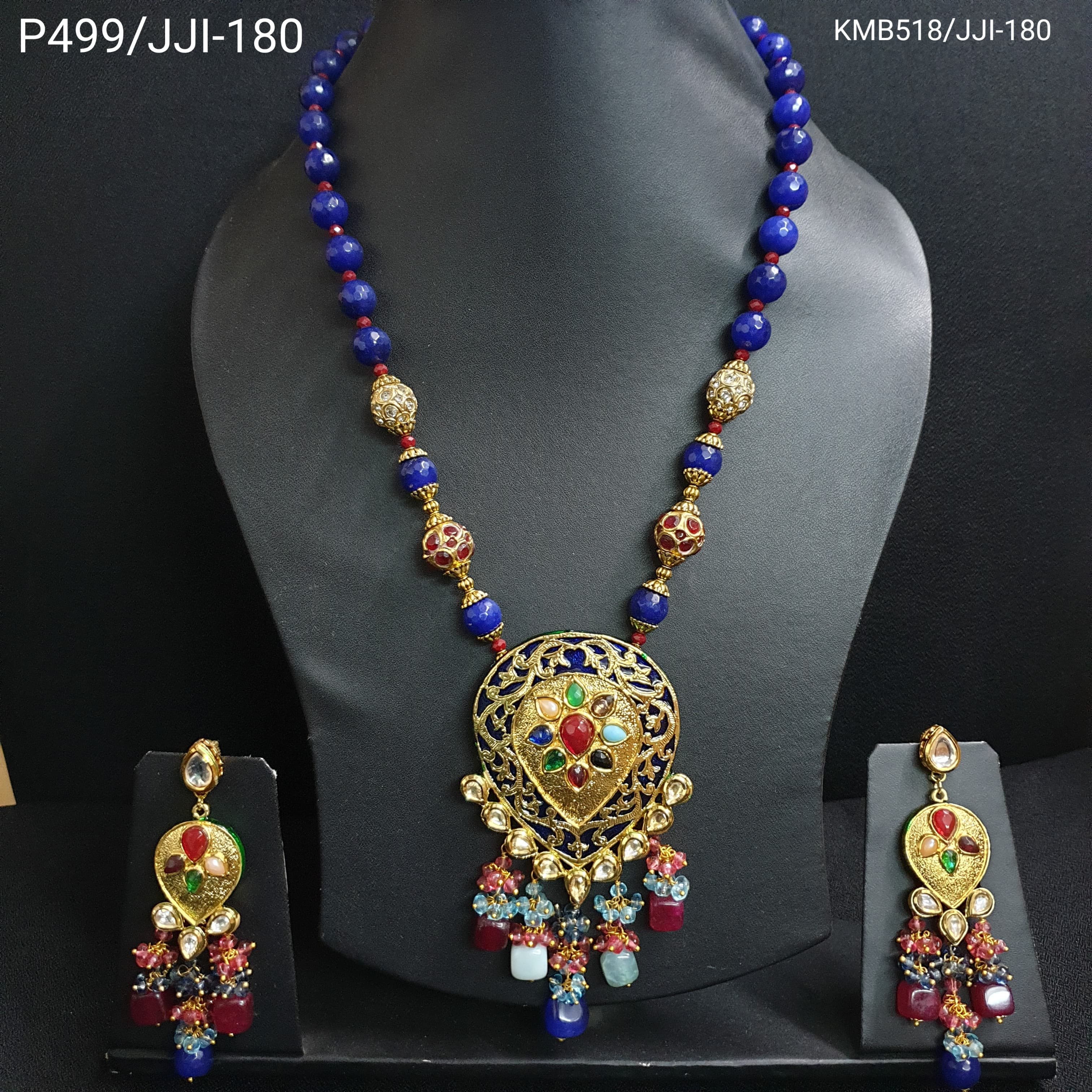 Dark Blue Beaded Kundan Meenakari Pendant Set