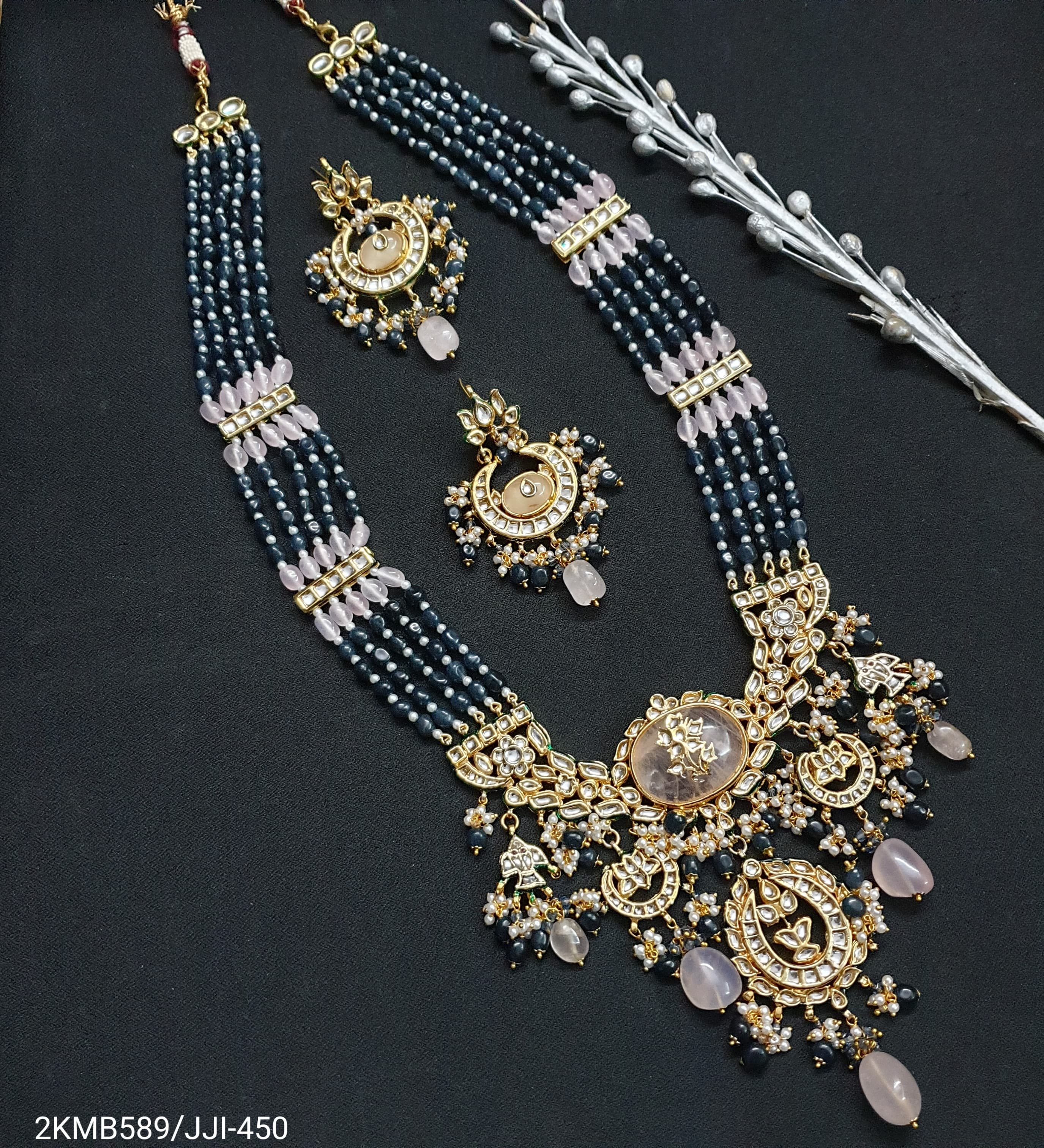 Kundan Blue Pink Stone Beaded Long Pendant Set