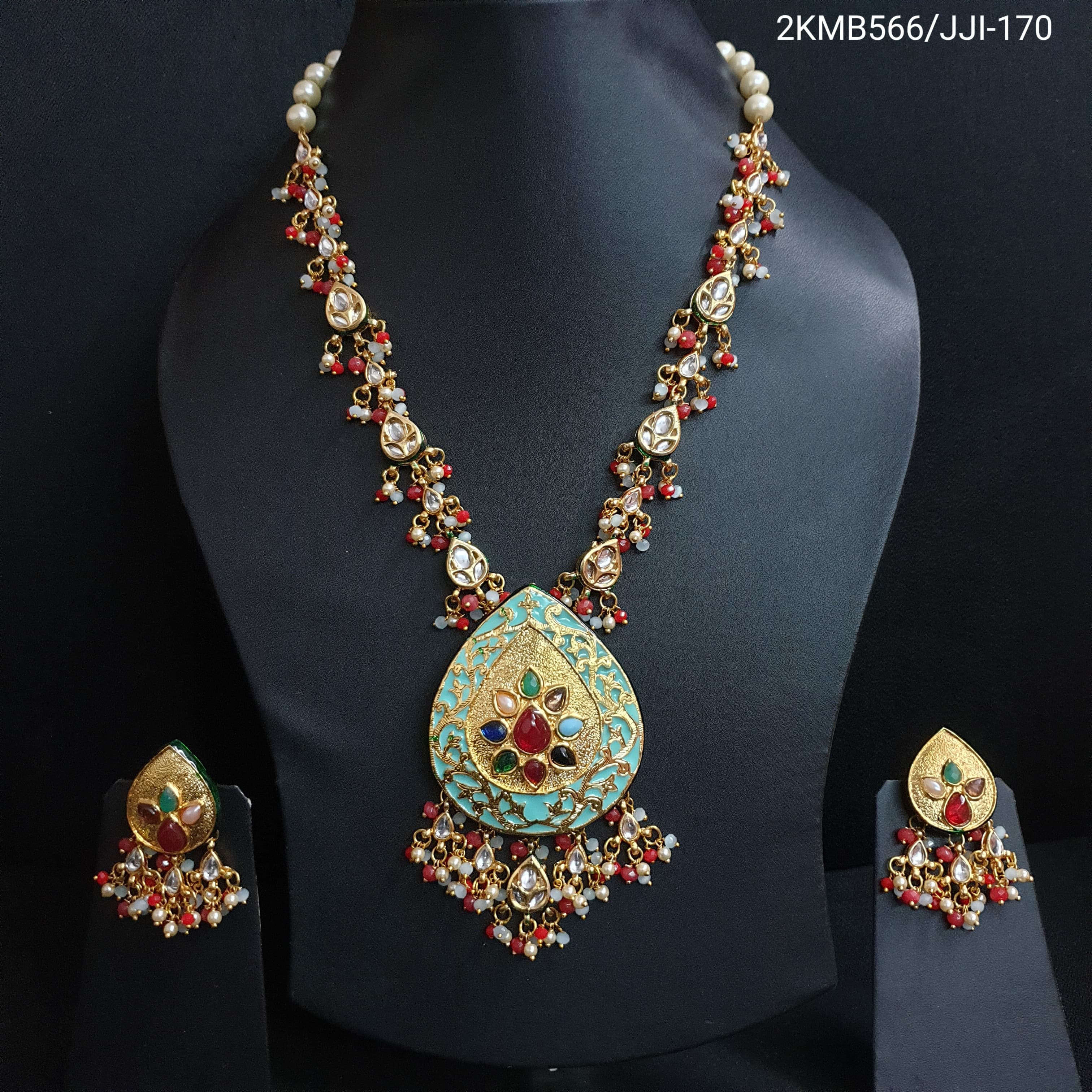 Kundan Pearl Beaded Turquoise Meenakari Pendant Set