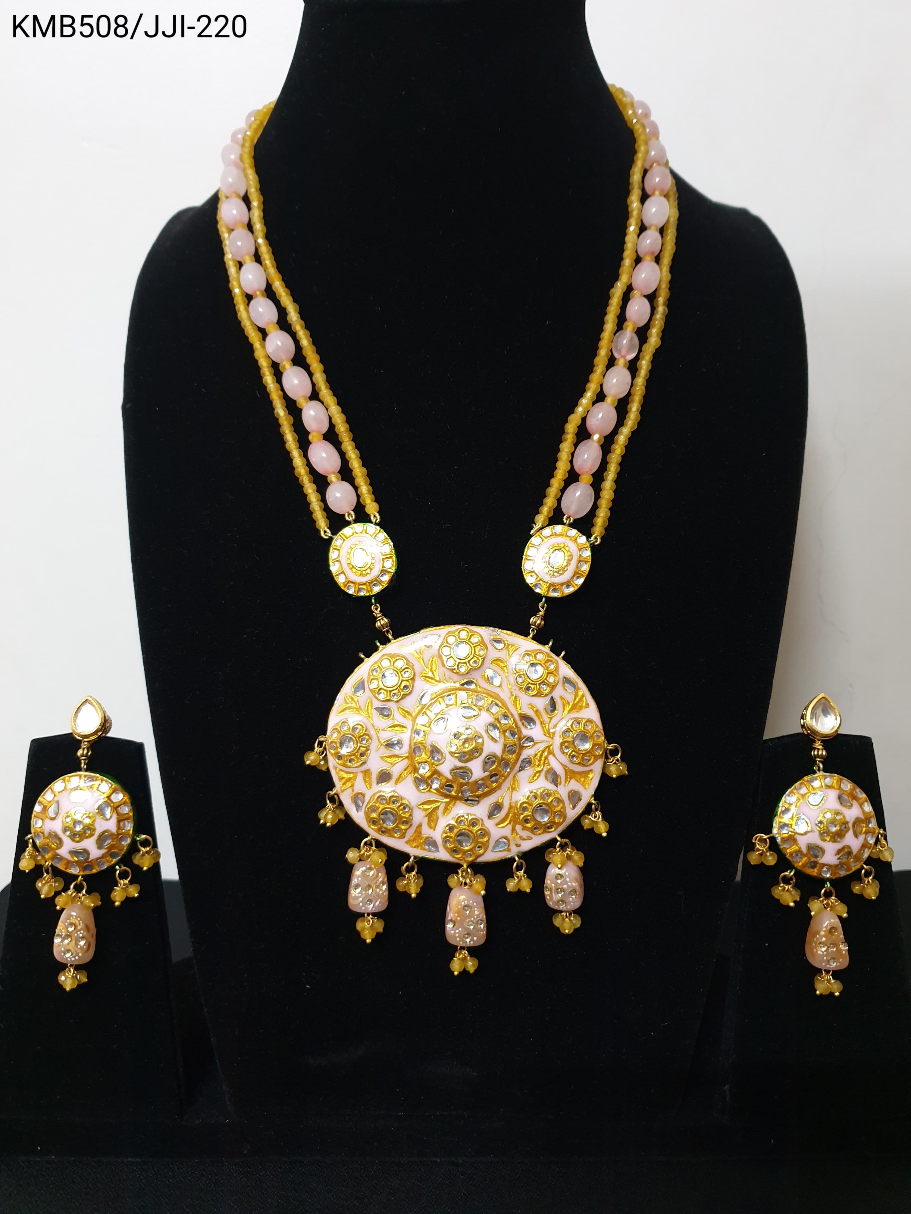 Yellow and Baby Pink Beaded Meenakari Pendant Set