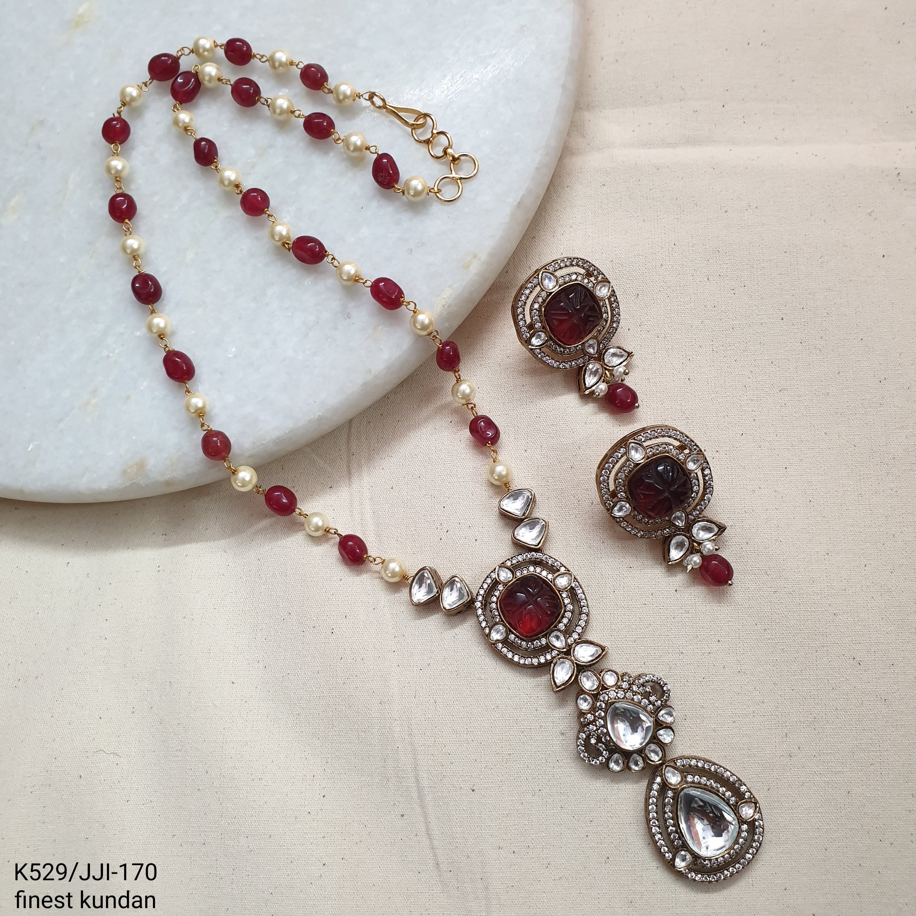 Red Stone Kundan Delicate Pendant Set With Earrings