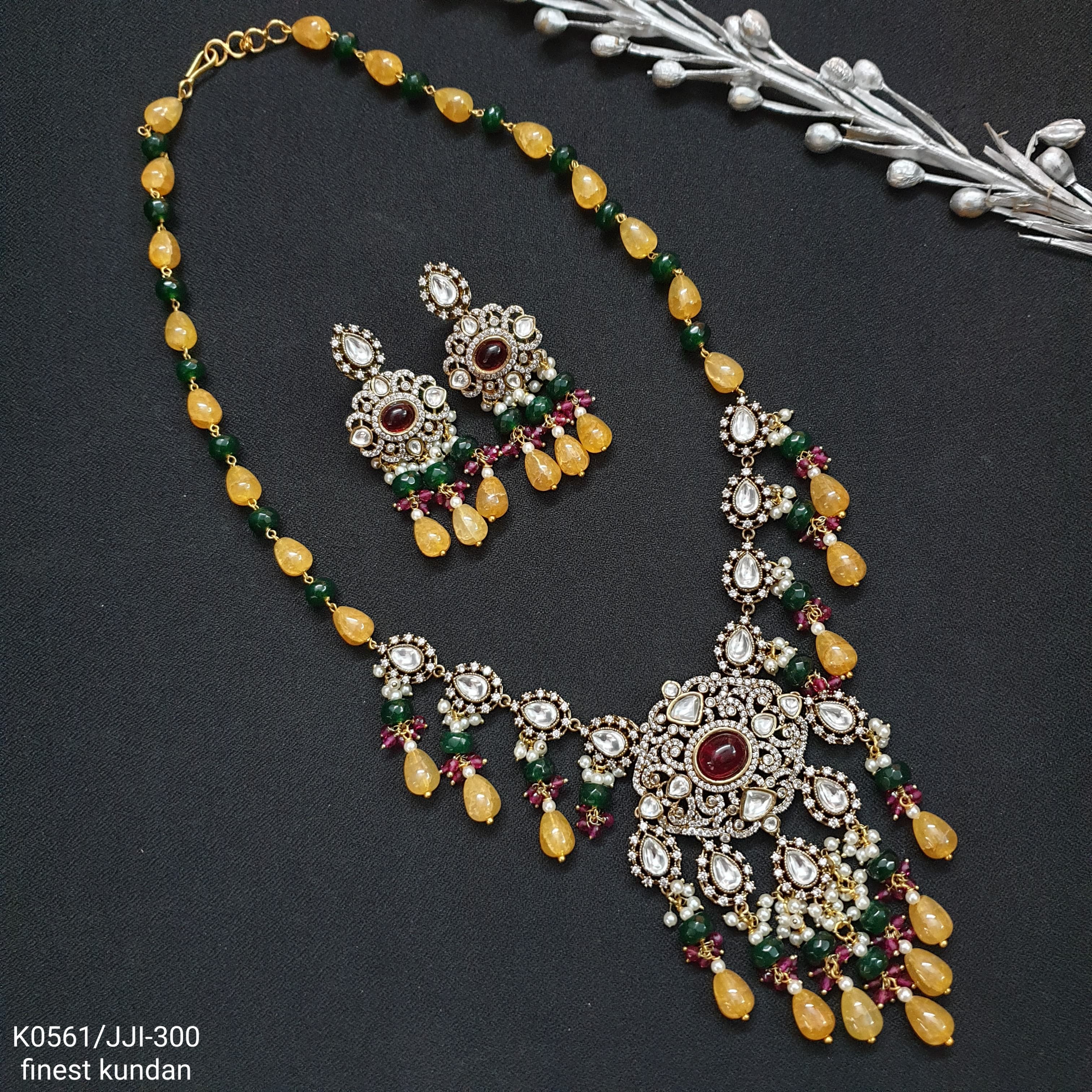 Yellow Green Stone Kundan Designer Pendant Set