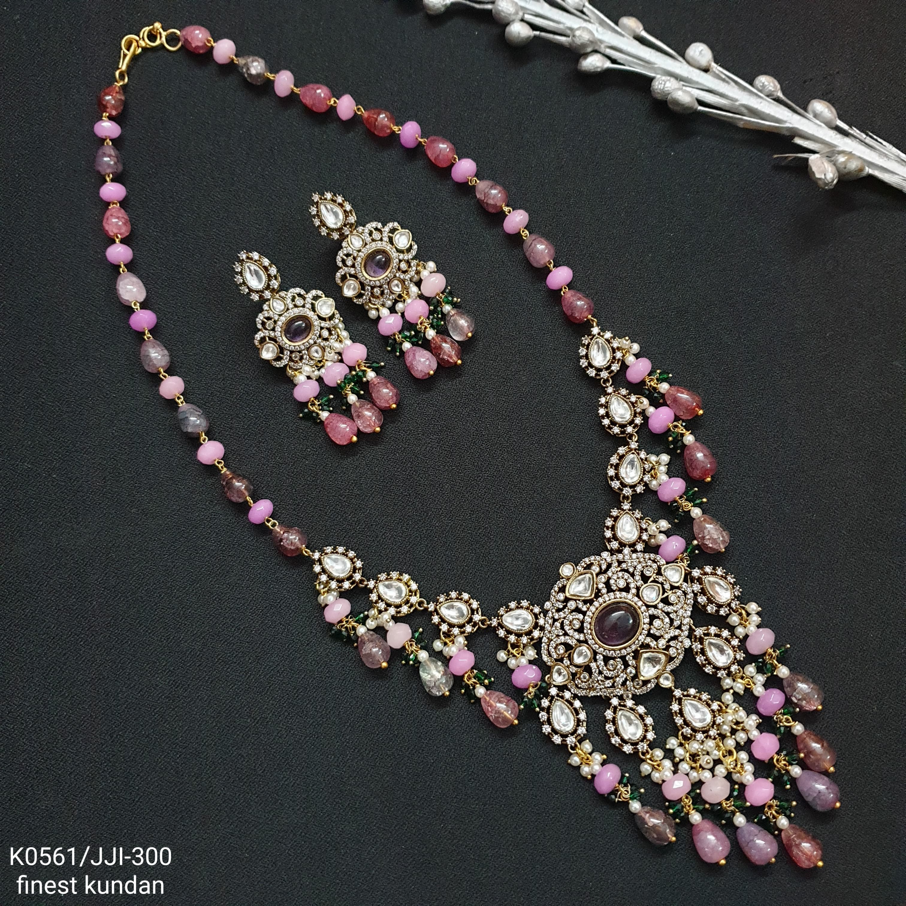 Purple Pink Stone Kundan Designer Pendant Set