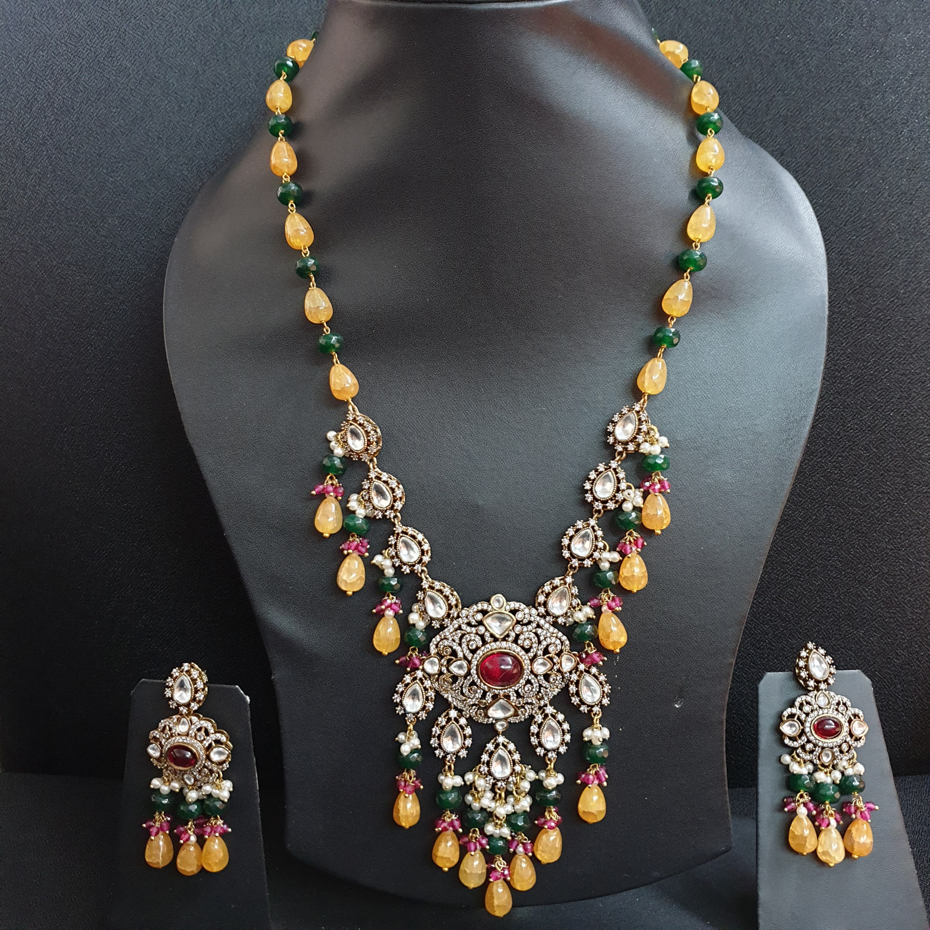 Yellow Green Stone Kundan Designer Pendant Set