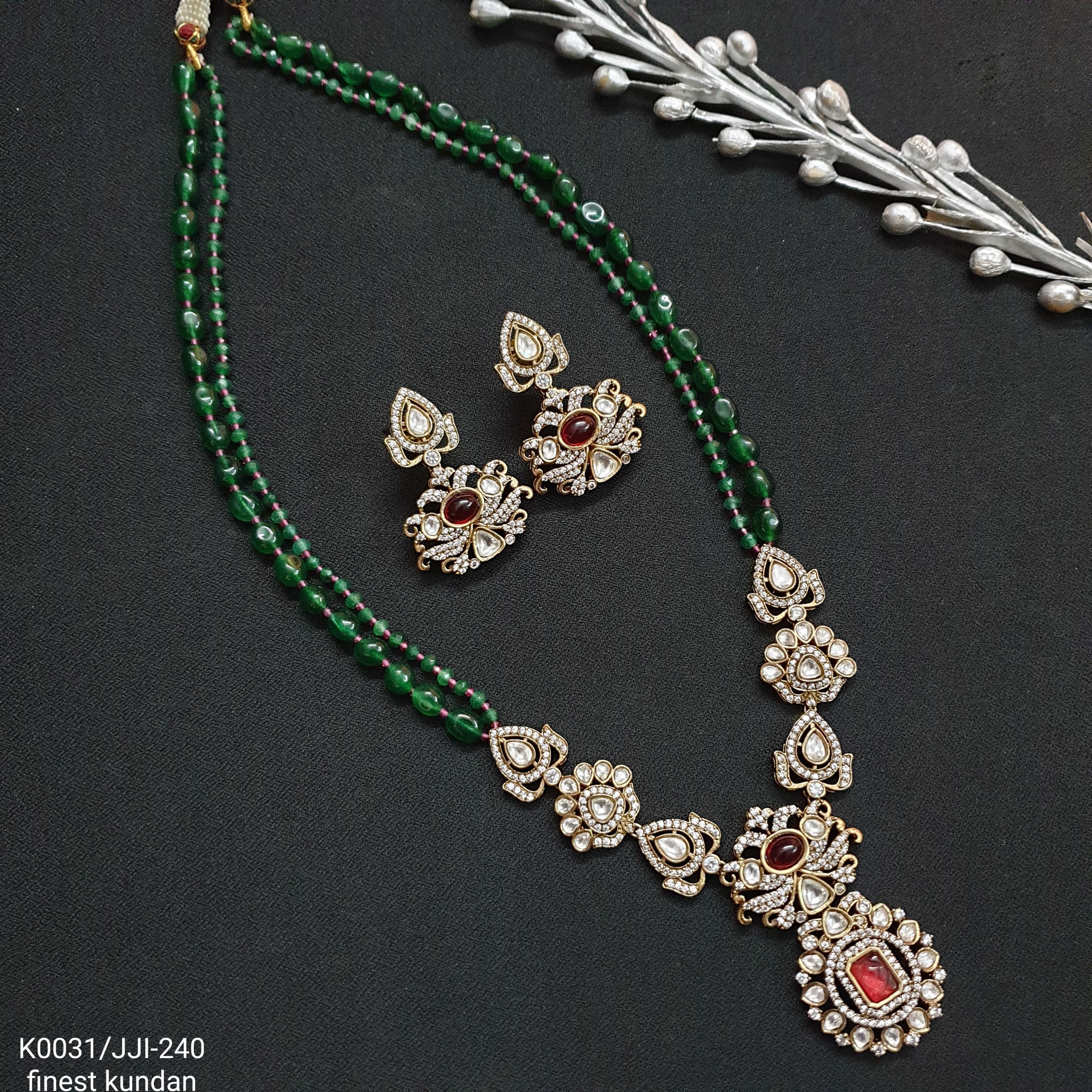 Green Stone Kundan Designer Pendant Set With Earrings