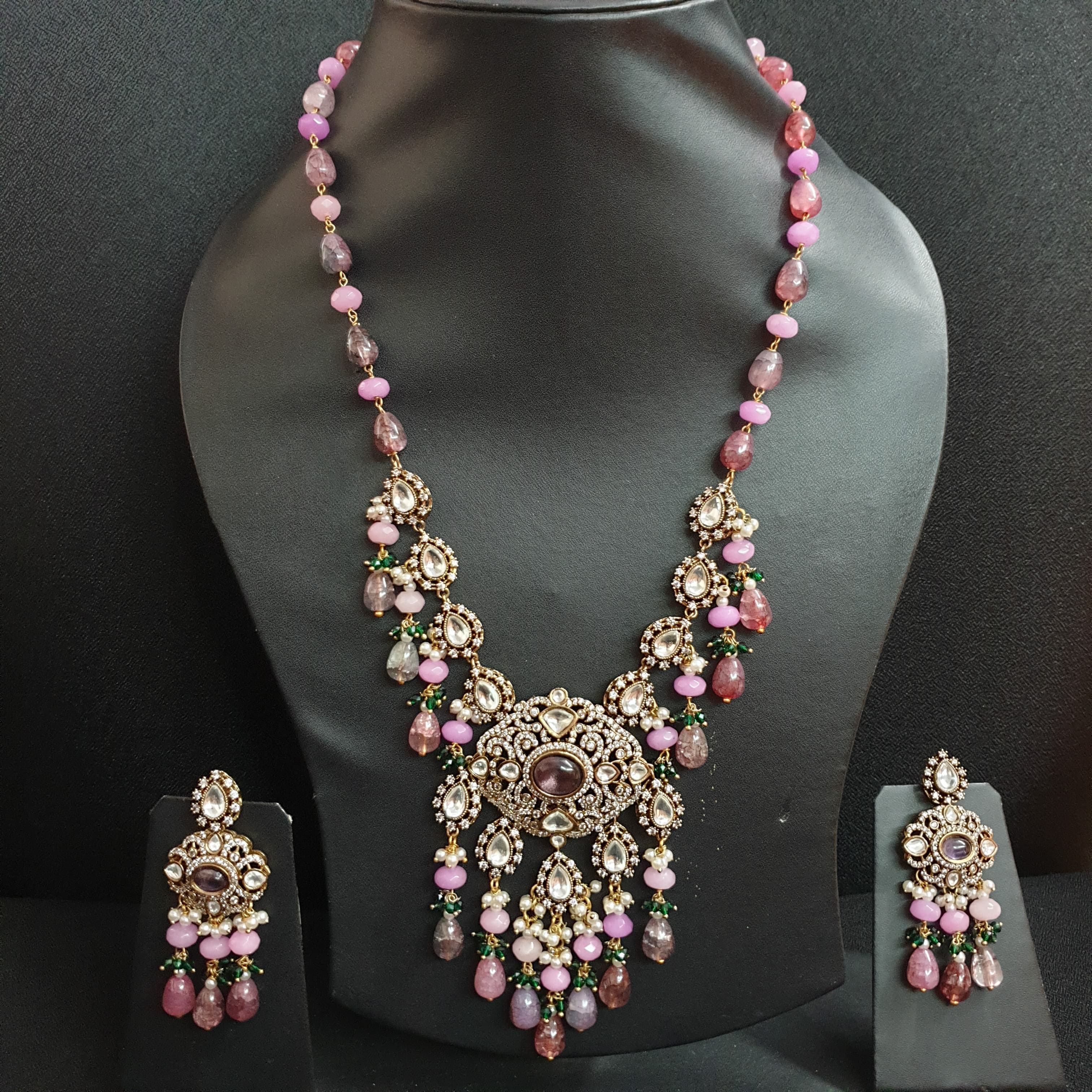 Purple Pink Stone Kundan Designer Pendant Set