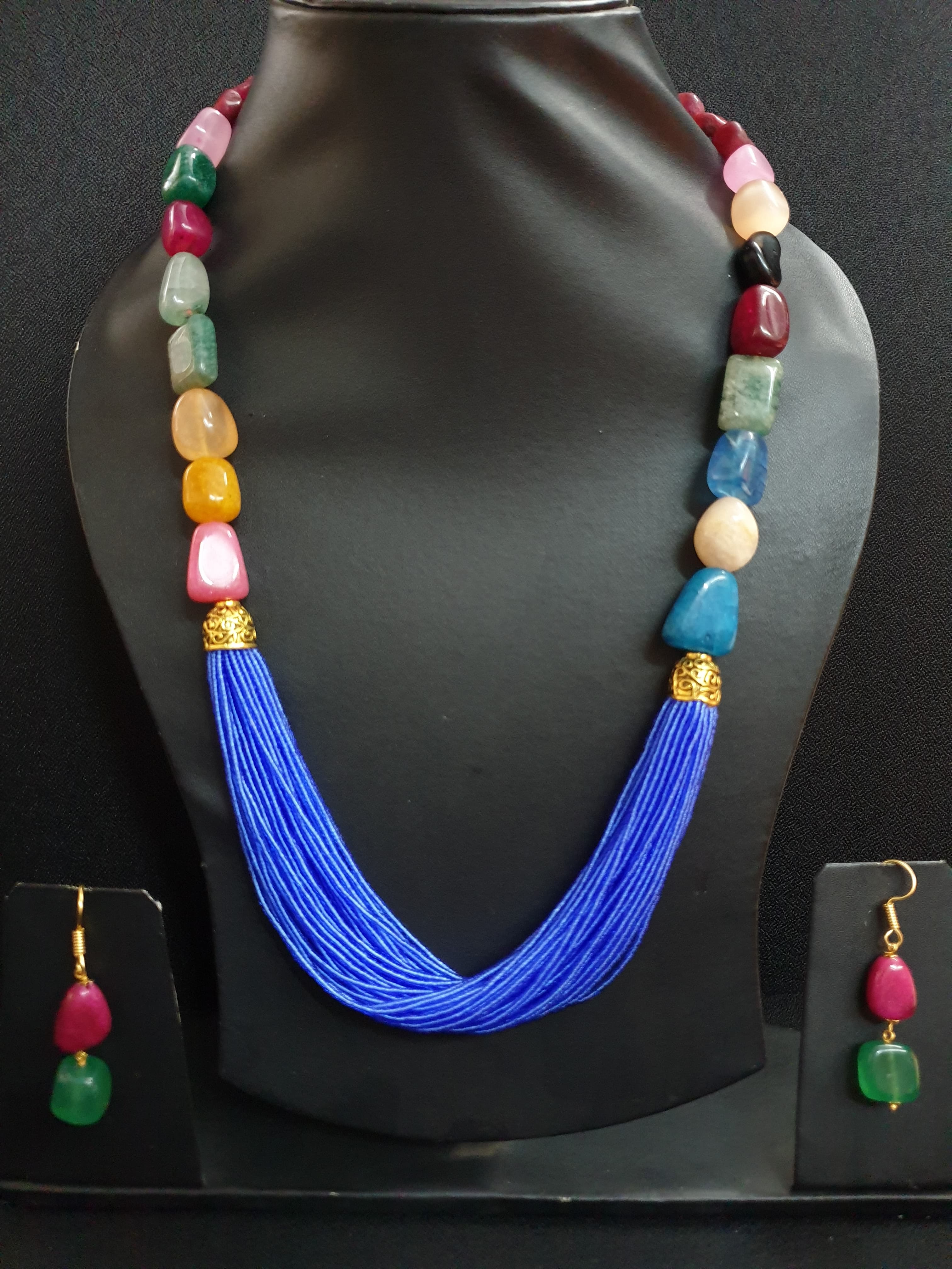 Multicolored Stone Blue Seed Bead Necklace Set