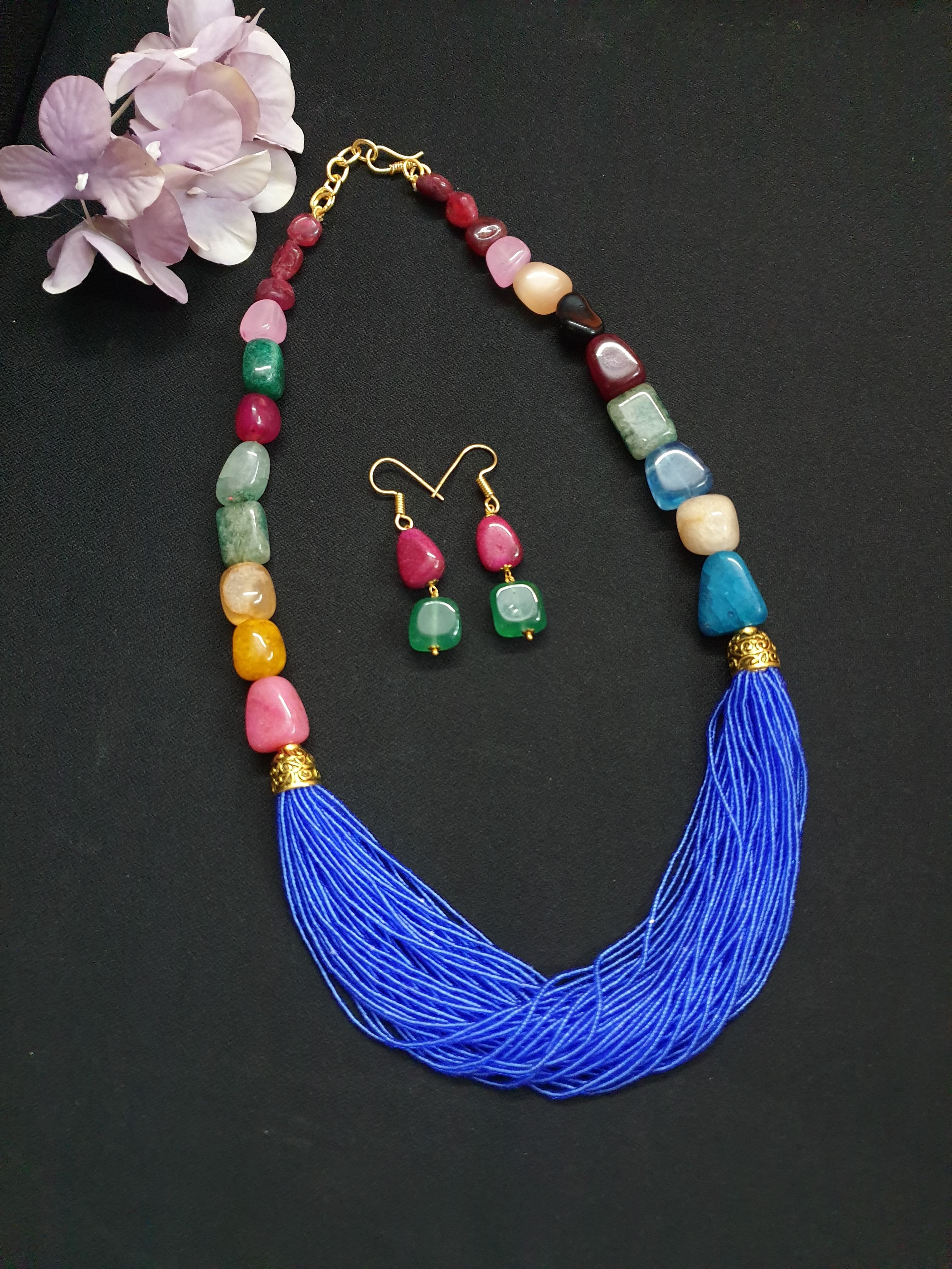 Multicolored Stone Blue Seed Bead Necklace Set